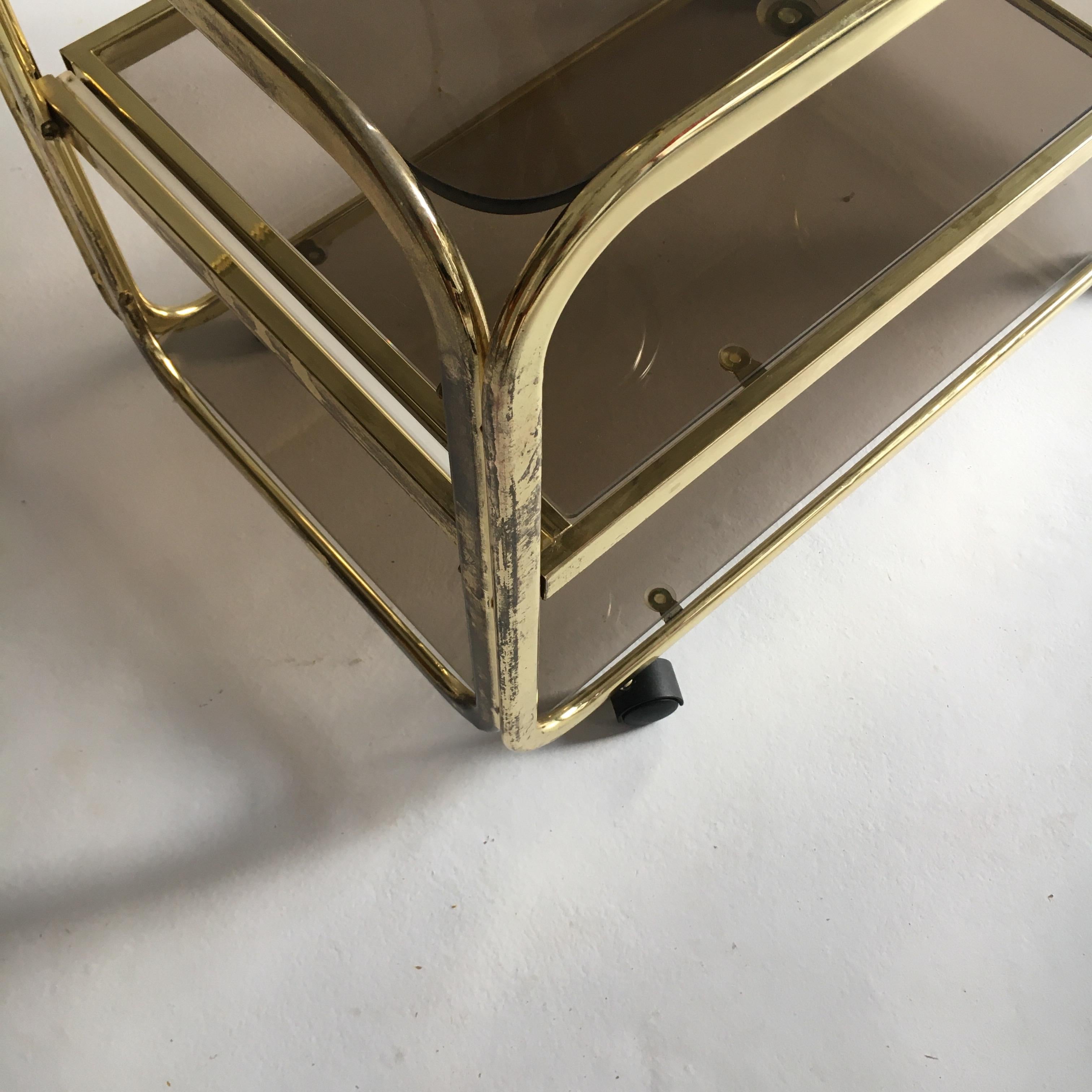 Vintage Brass Plated Bar Cart Table Brown Smoked Glass Plates by Morex, 1970s For Sale 6