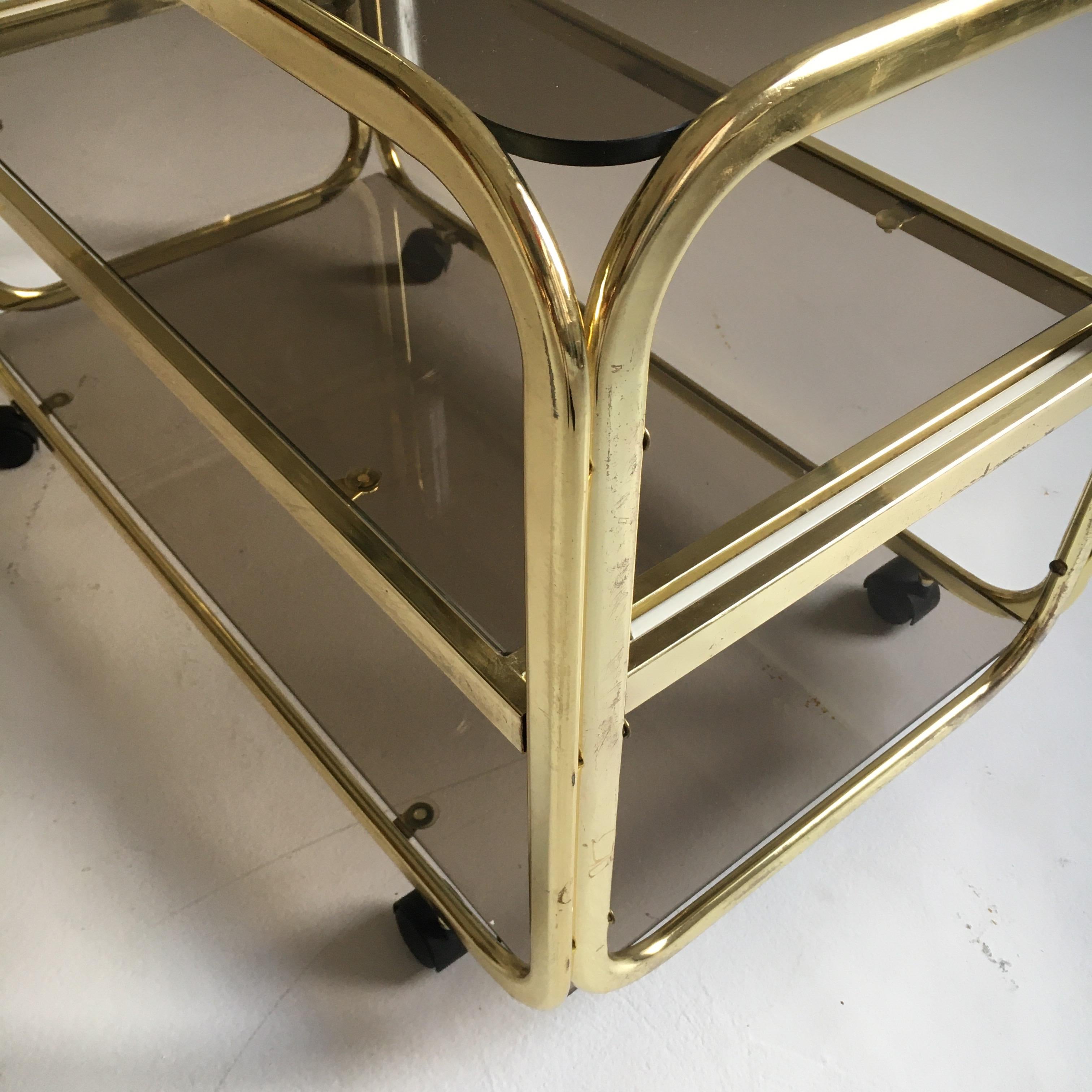 Vintage Brass Plated Bar Cart Table Brown Smoked Glass Plates by Morex, 1970s For Sale 8