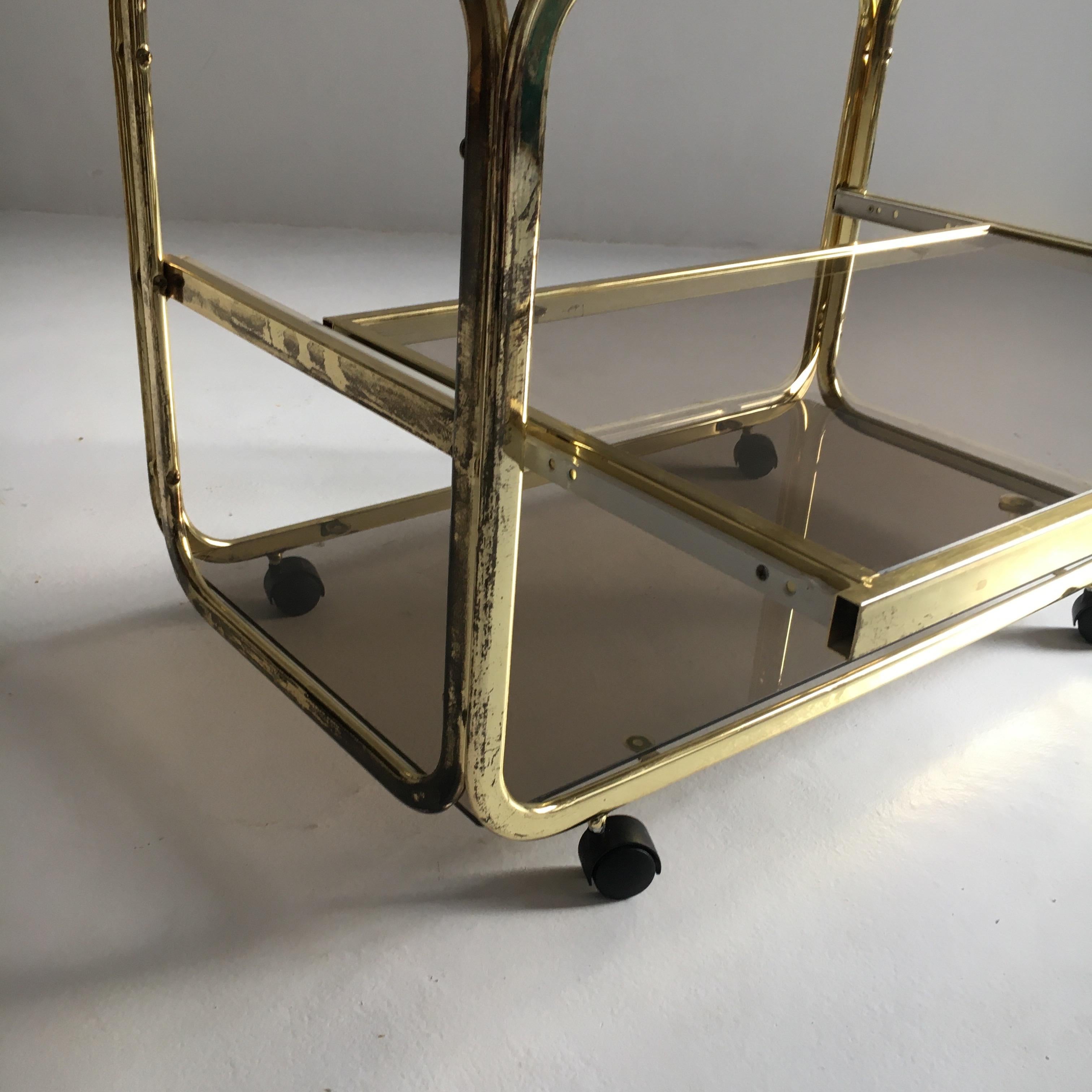 Vintage Brass Plated Bar Cart Table Brown Smoked Glass Plates by Morex, 1970s For Sale 10