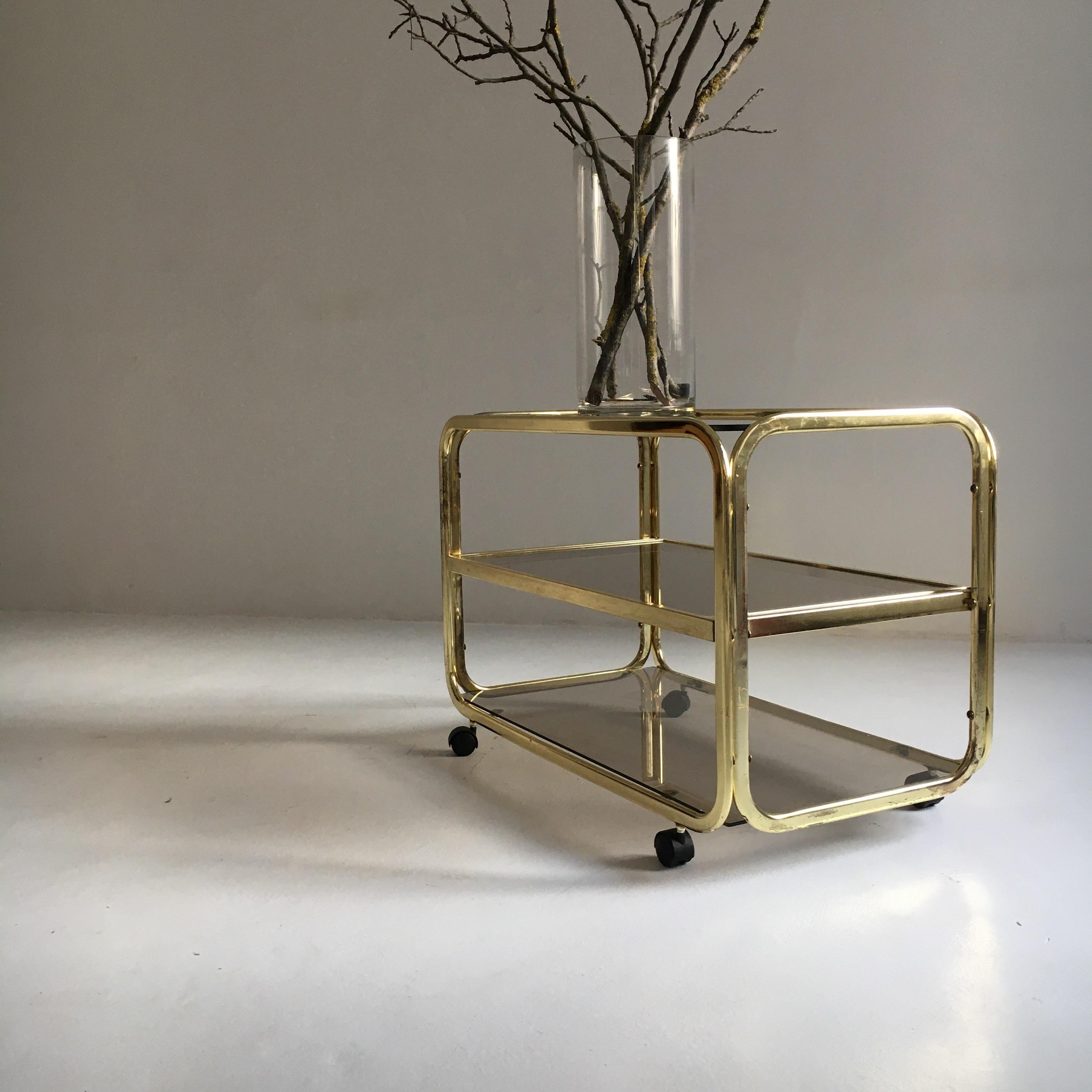 Vintage Brass Plated Bar Cart Table Brown Smoked Glass Plates by Morex, 1970s For Sale 11
