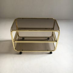 Vintage Brass Plated Bar Cart Table Brown Smoked Glass Plates by Morex, 1970s
