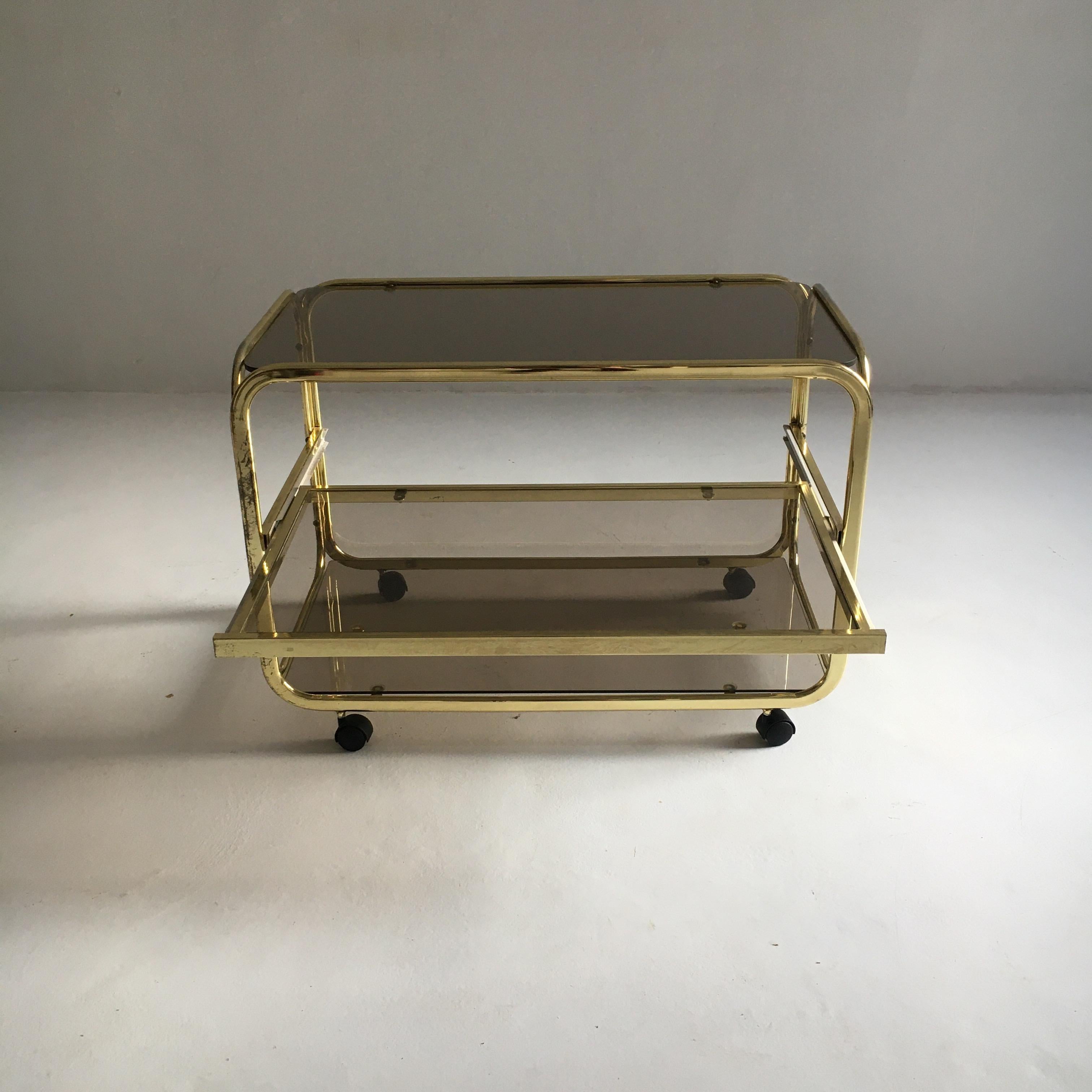 Mid-Century Modern Vintage Brass Plated Bar Cart Table Brown Smoked Glass Plates by Morex, 1970s For Sale