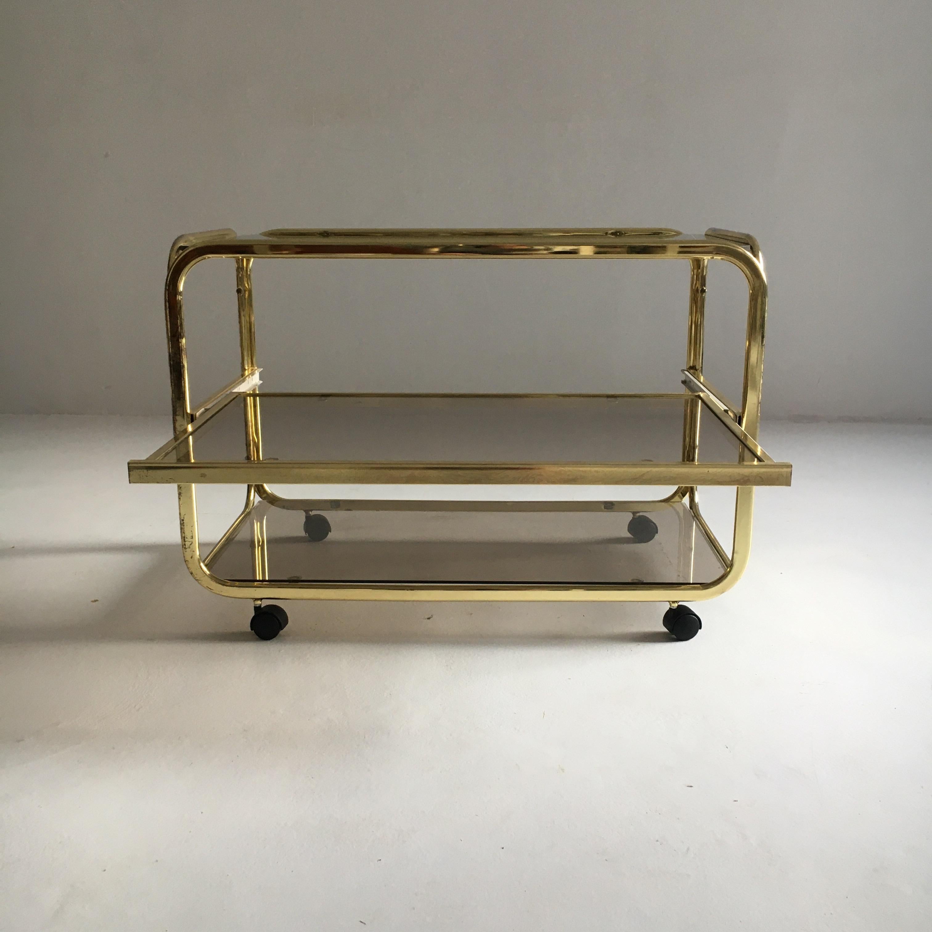 Italian Vintage Brass Plated Bar Cart Table Brown Smoked Glass Plates by Morex, 1970s For Sale