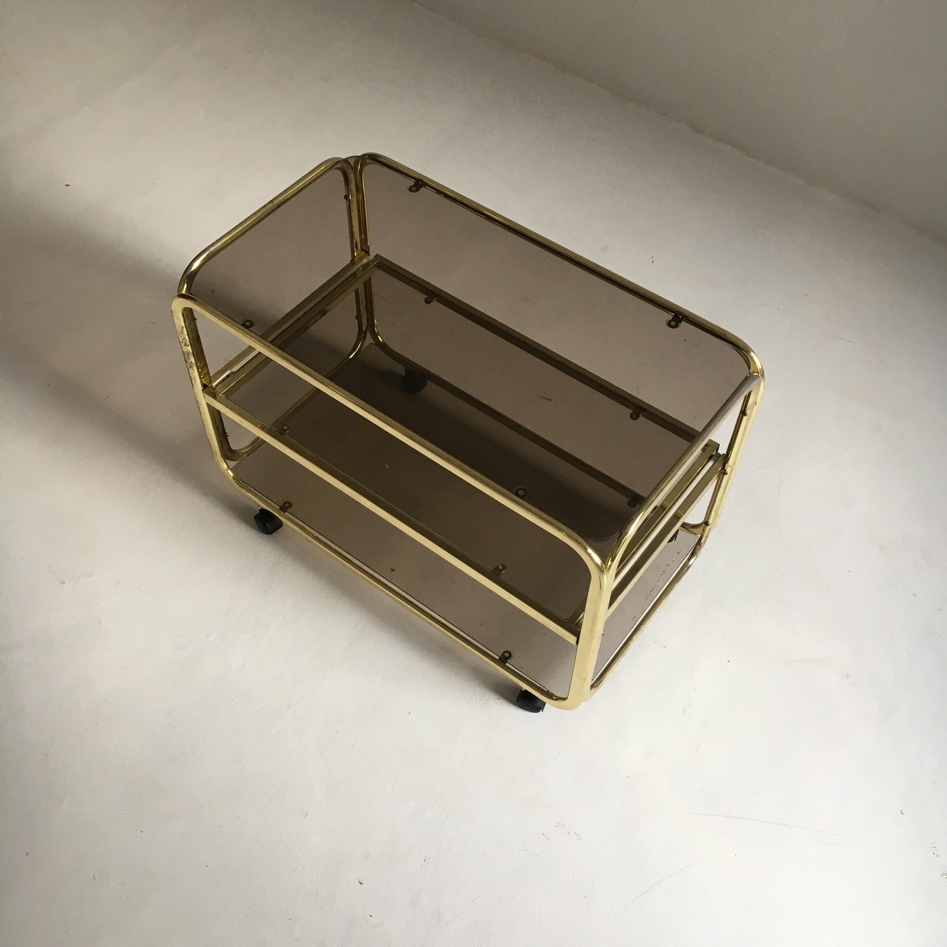 Late 20th Century Vintage Brass Plated Bar Cart Table Brown Smoked Glass Plates by Morex, 1970s For Sale