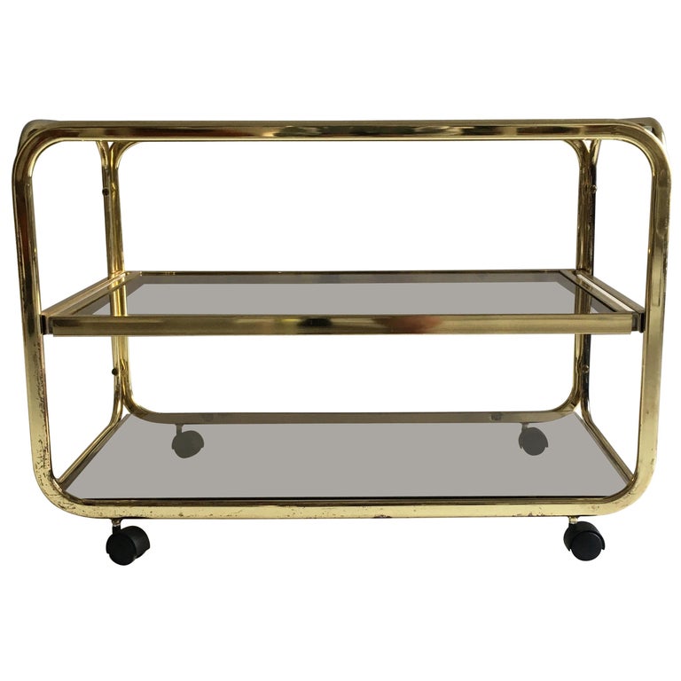Vintage Brass Plated Bar Cart Table Brown Smoked Glass Plates by Morex
