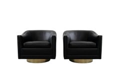 Vintage Brass Base Swivel Lounge Chairs in Black Leather