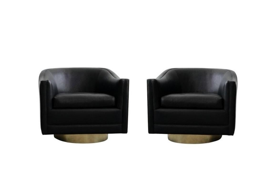 Mid-Century Modern Vintage Brass Base Swivel Lounge Chairs in Black Leather For Sale