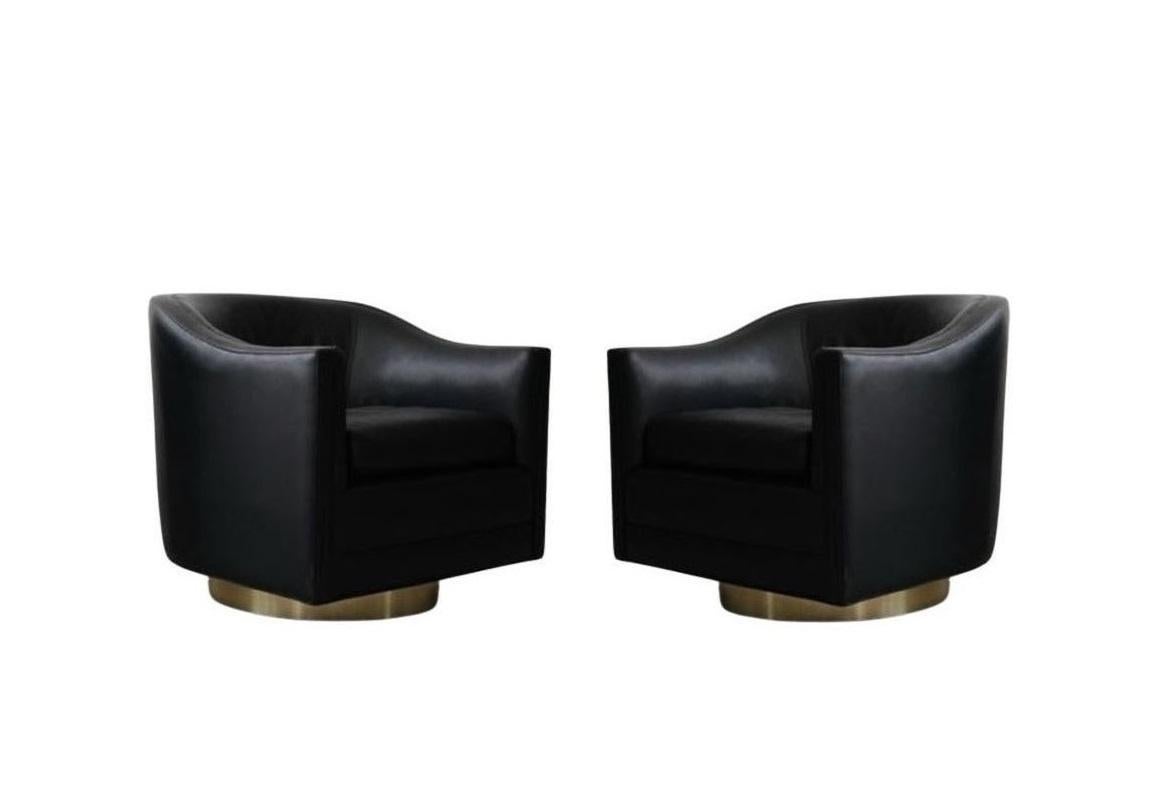 American Vintage Brass Base Swivel Lounge Chairs in Black Leather For Sale