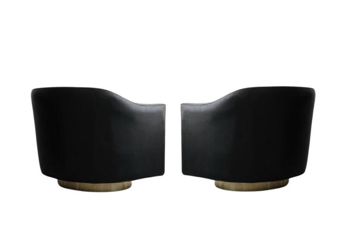20th Century Vintage Brass Base Swivel Lounge Chairs in Black Leather For Sale