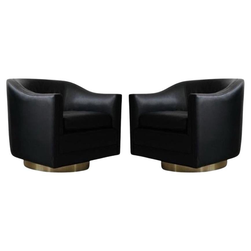 Vintage Brass Base Swivel Lounge Chairs in Black Leather For Sale