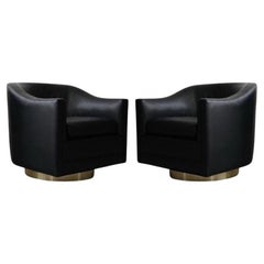 Vintage Brass Base Swivel Lounge Chairs in Black Leather