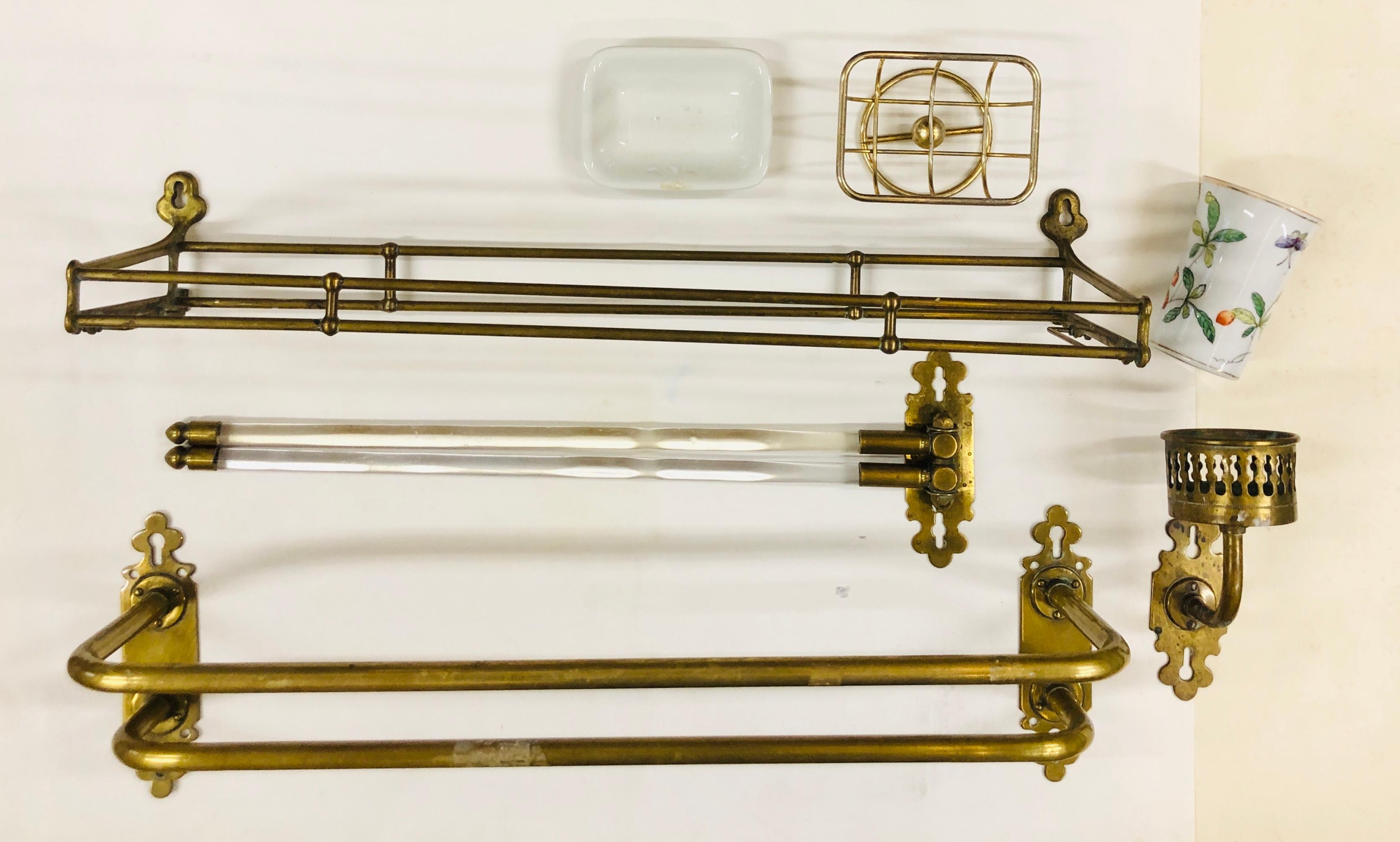 French Vintage Brass Bathroom Art Deco Accessory Set of Seven Pieces For Sale