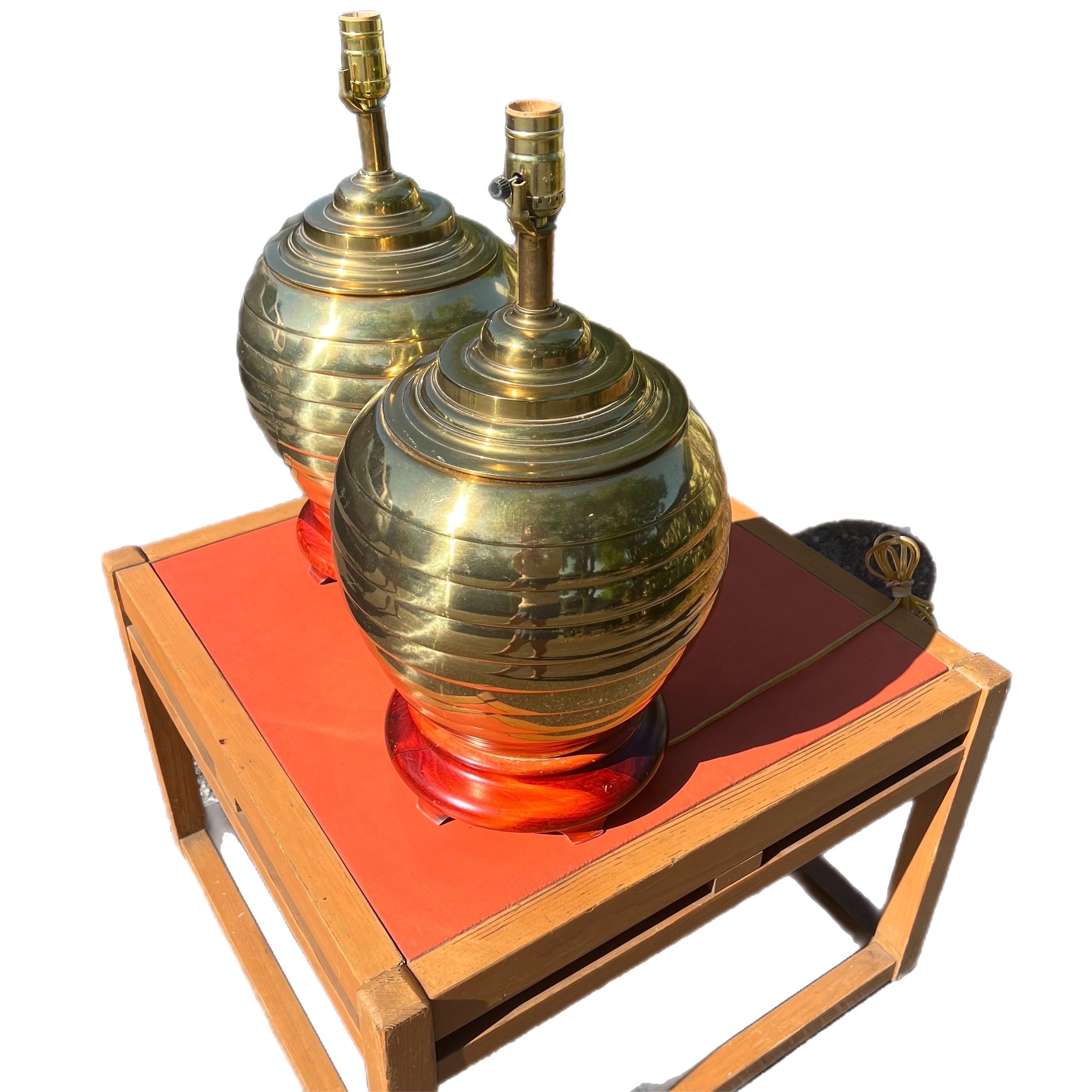 Unknown Vintage Brass Beehive Ginger Jar Lamps on Wooden Bases, a Pair