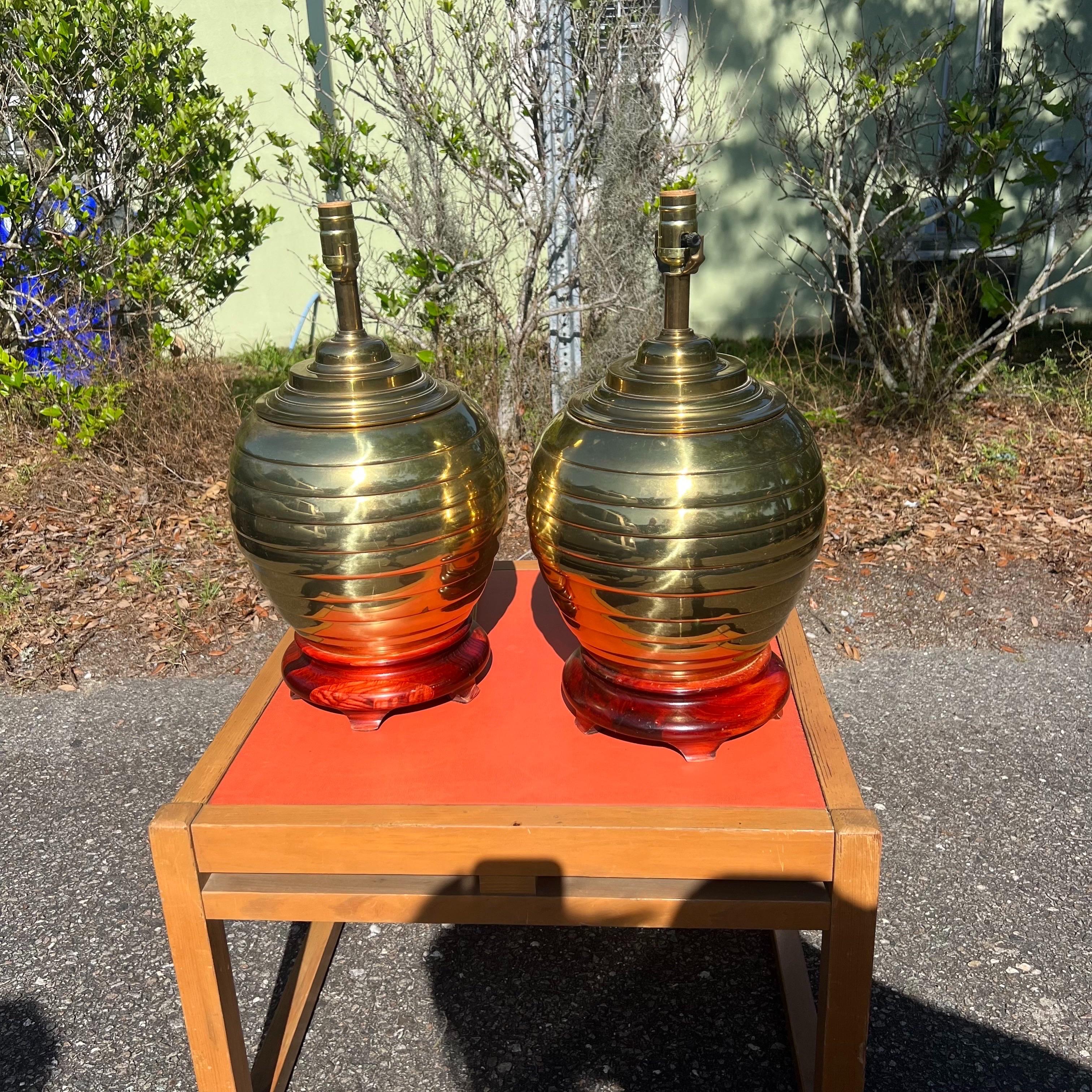 Vintage Brass Beehive Ginger Jar Lamps on Wooden Bases, a Pair In Good Condition In Charleston, SC