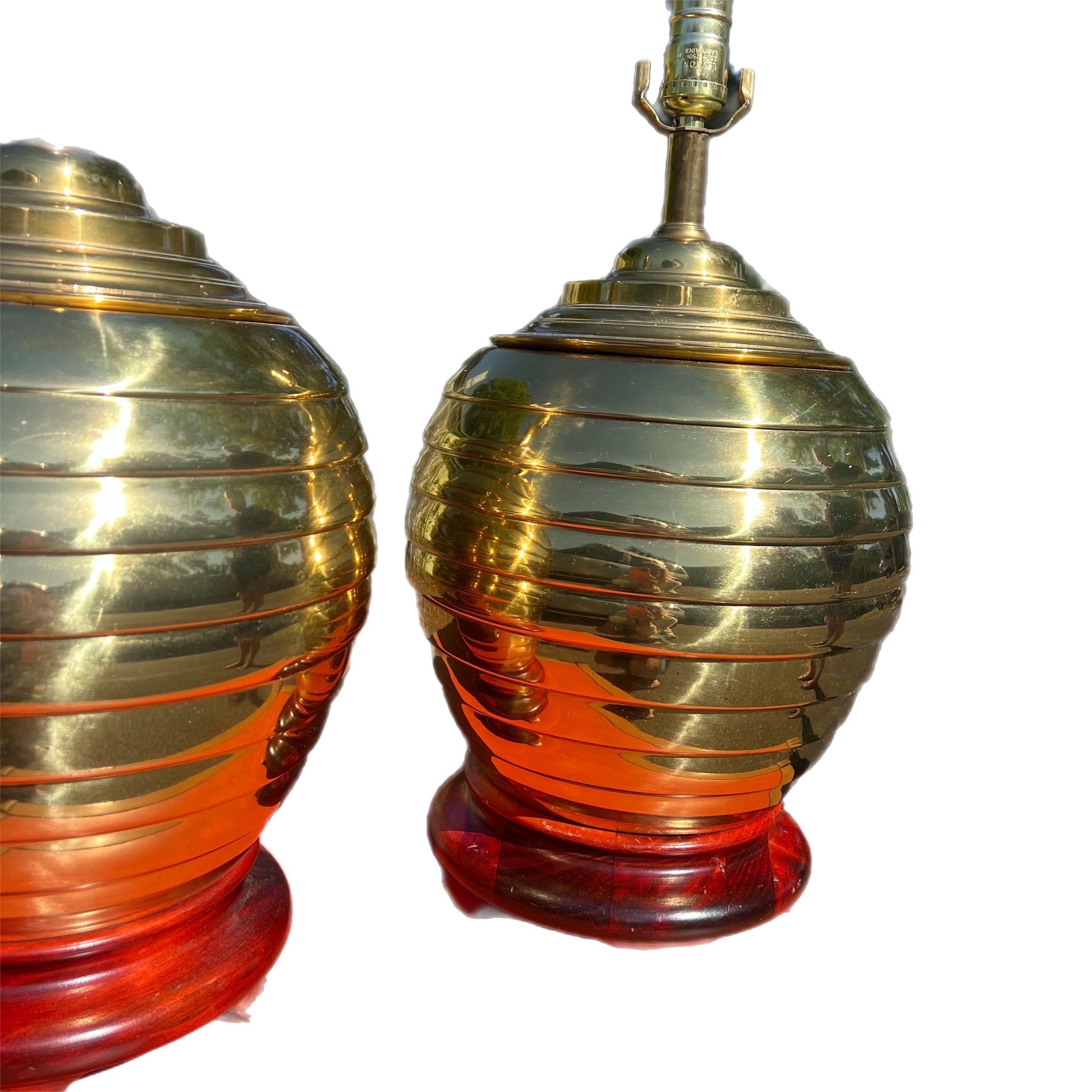 Late 20th Century Vintage Brass Beehive Ginger Jar Lamps on Wooden Bases, a Pair
