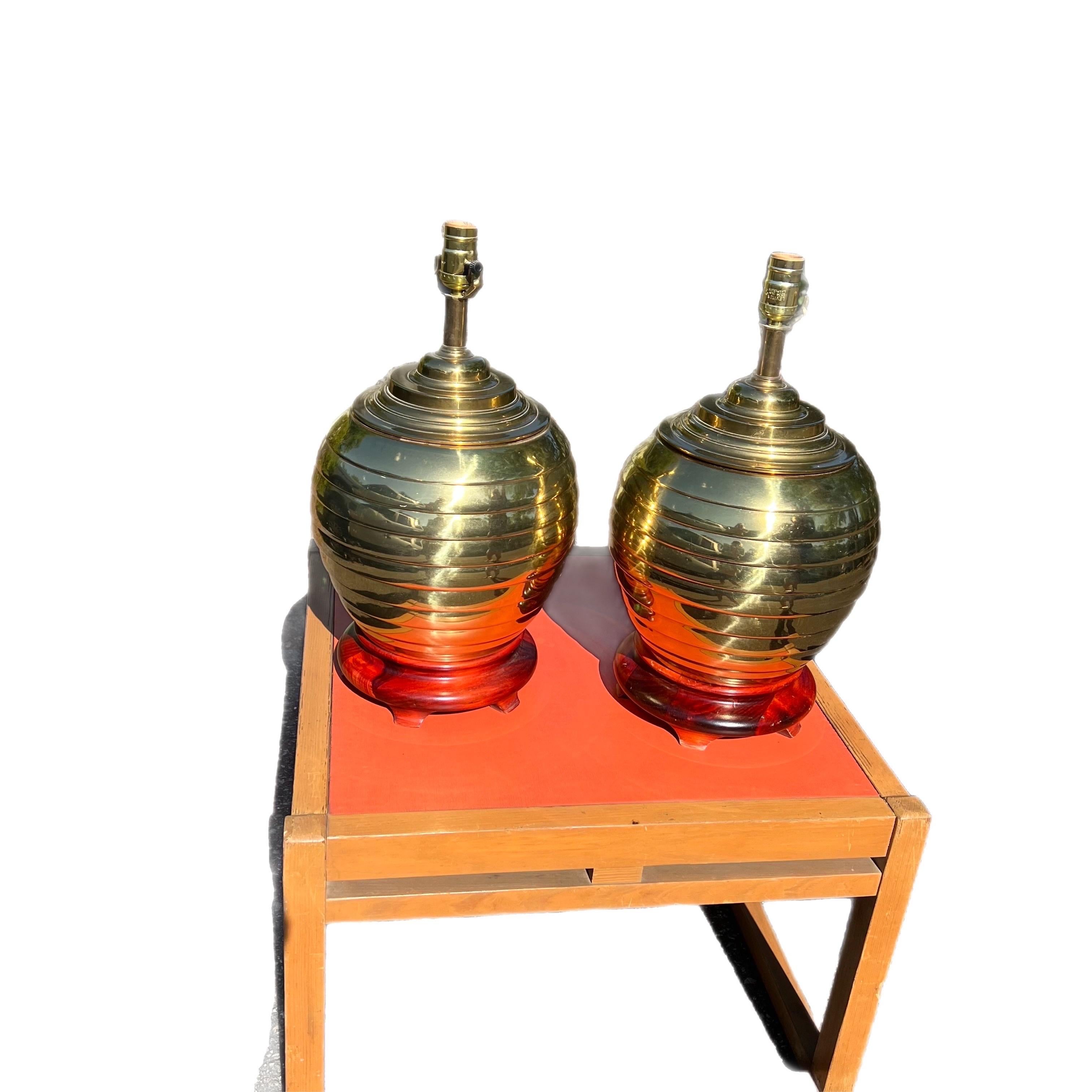 Vintage Brass Beehive Ginger Jar Lamps on Wooden Bases, a Pair 2