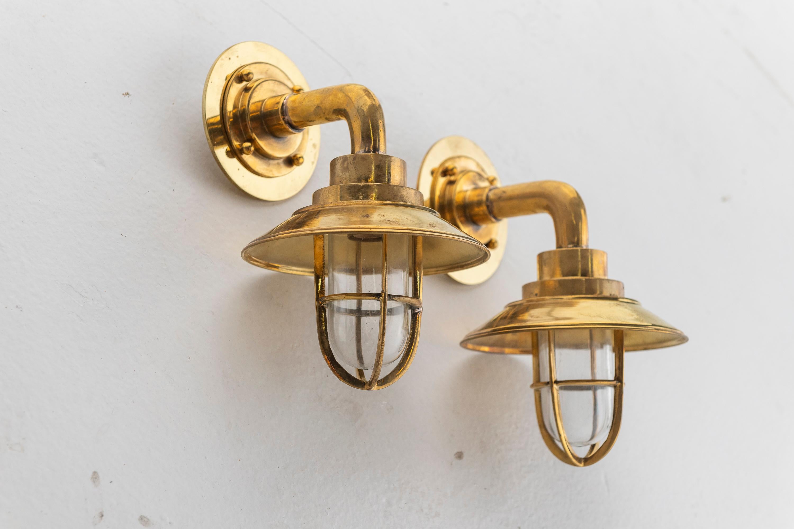 Industrial Vintage Brass Bent Shaped Nautical Wall Sconces, USA For Sale