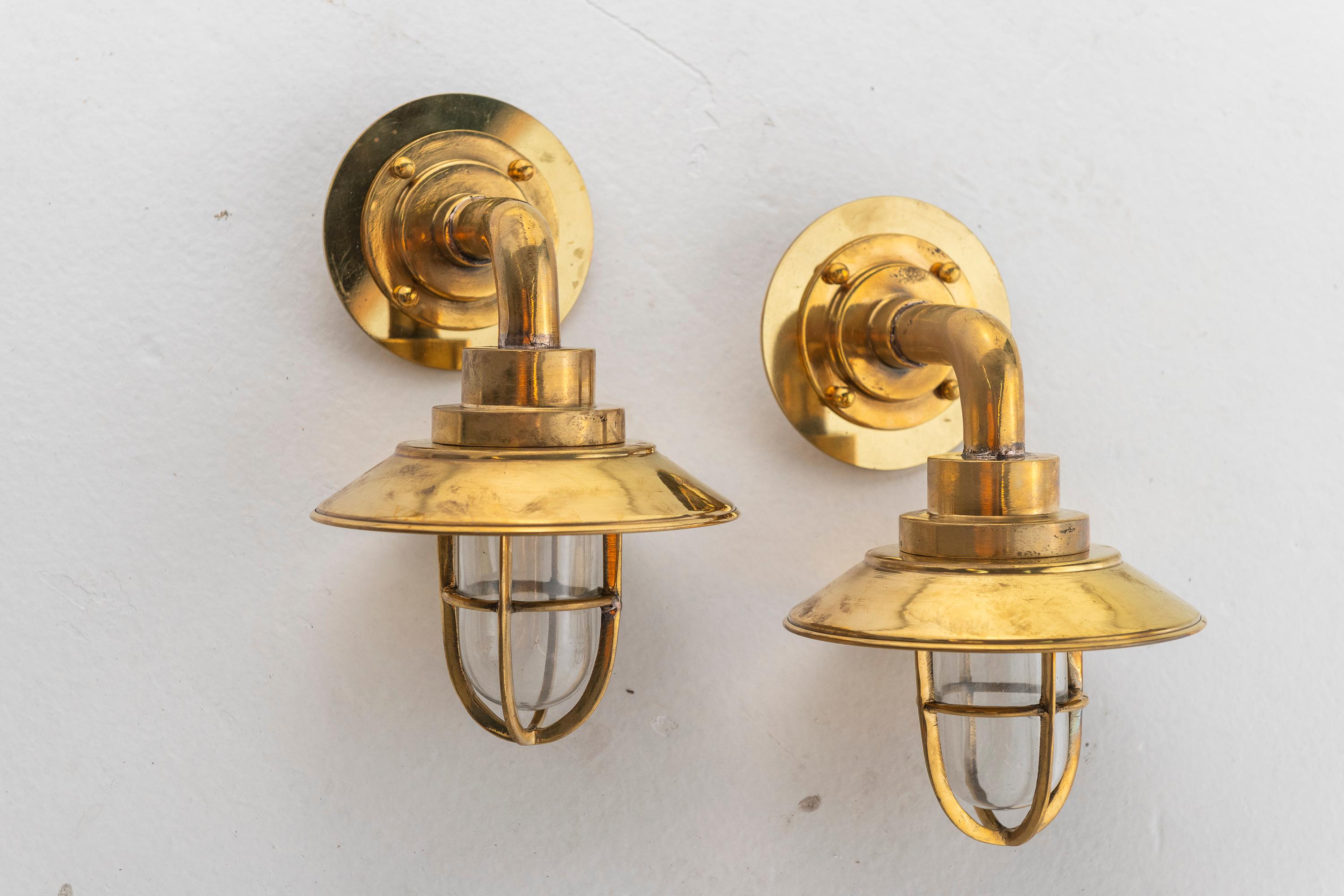 North American Vintage Brass Bent Shaped Nautical Wall Sconces, USA For Sale