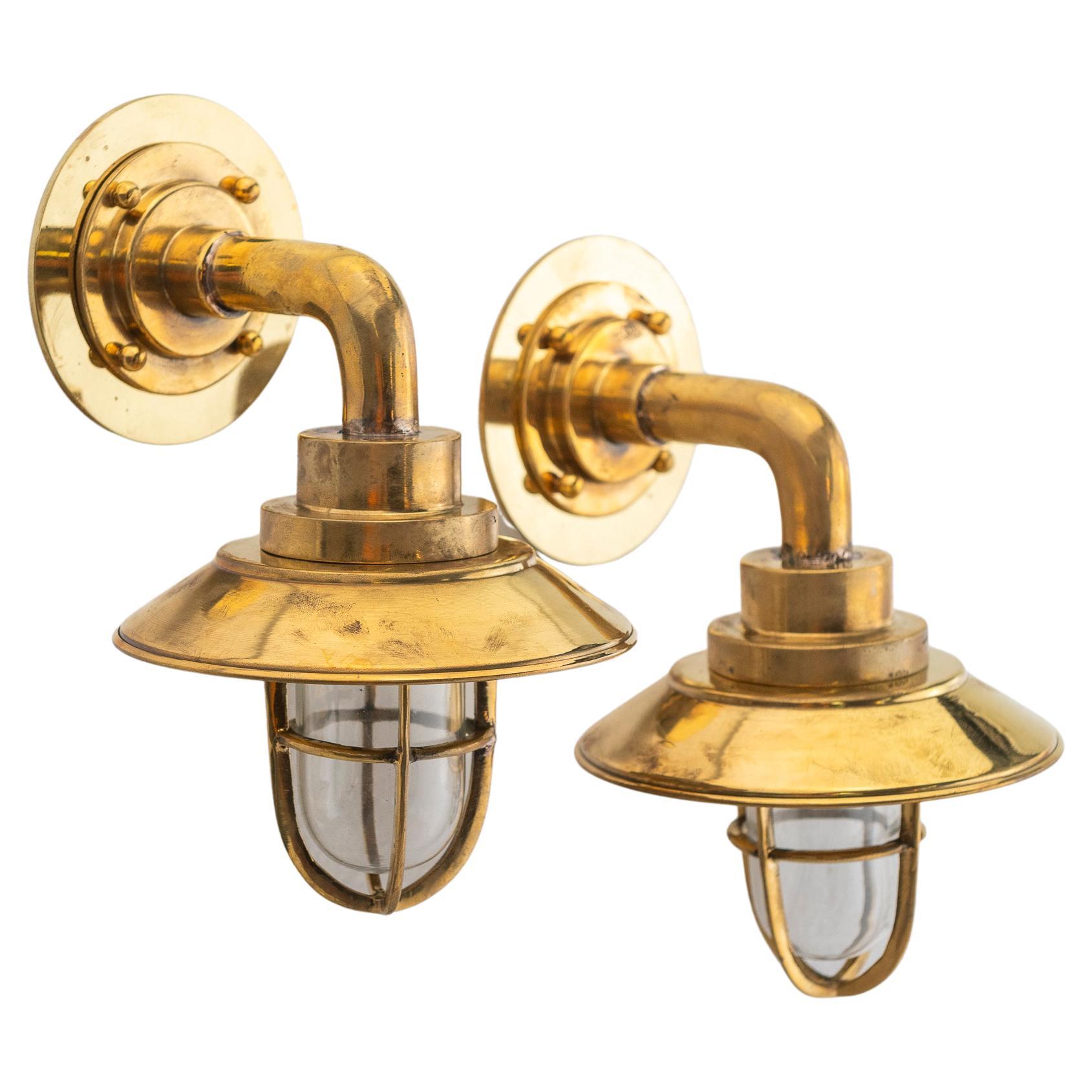 Vintage Brass Bent Shaped Nautical Wall Sconces, USA