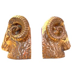 Vintage Brass Big Horn Ram Bookends, a Pair