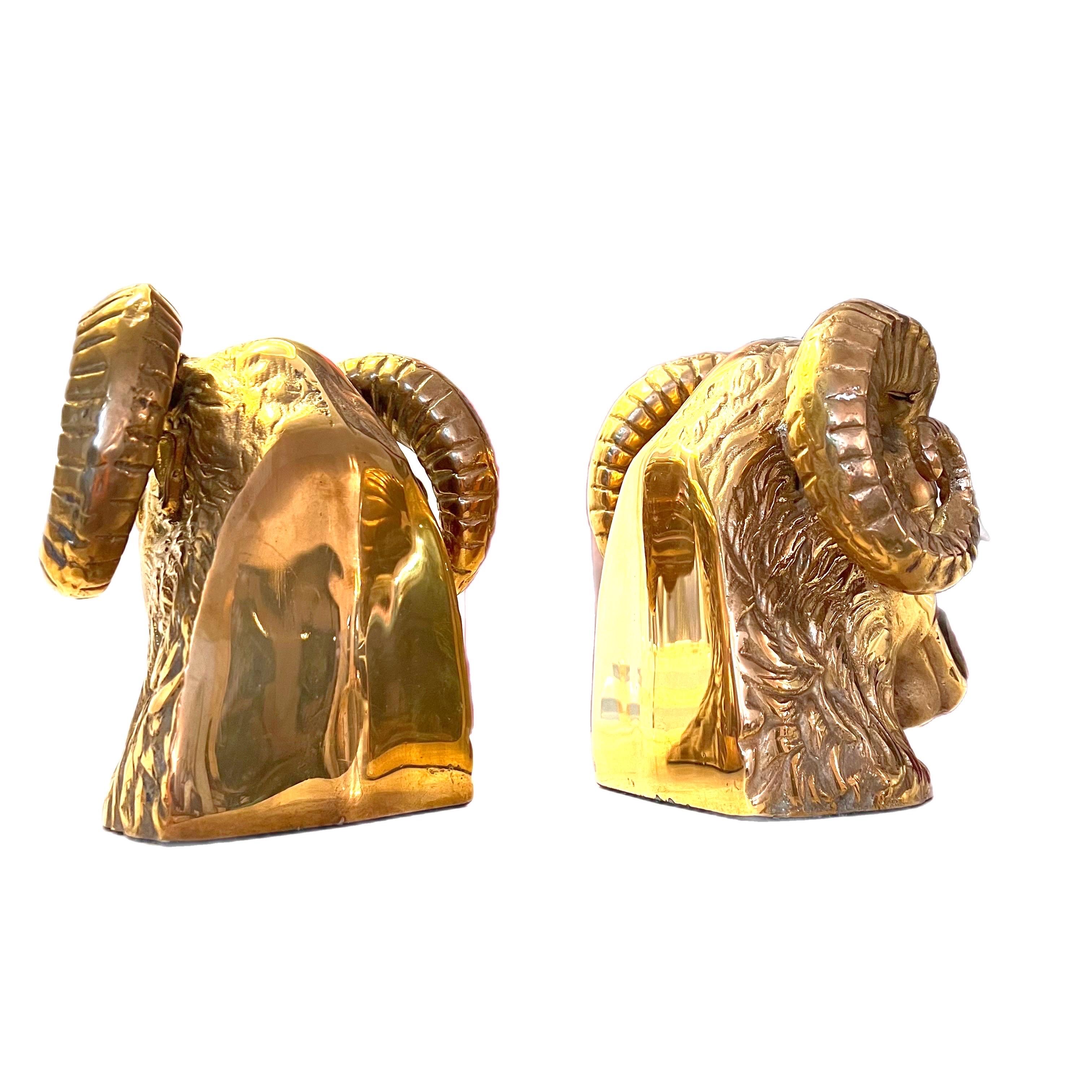 Neoclassical Vintage Brass Big Horn Ram Bookends, a Pair For Sale