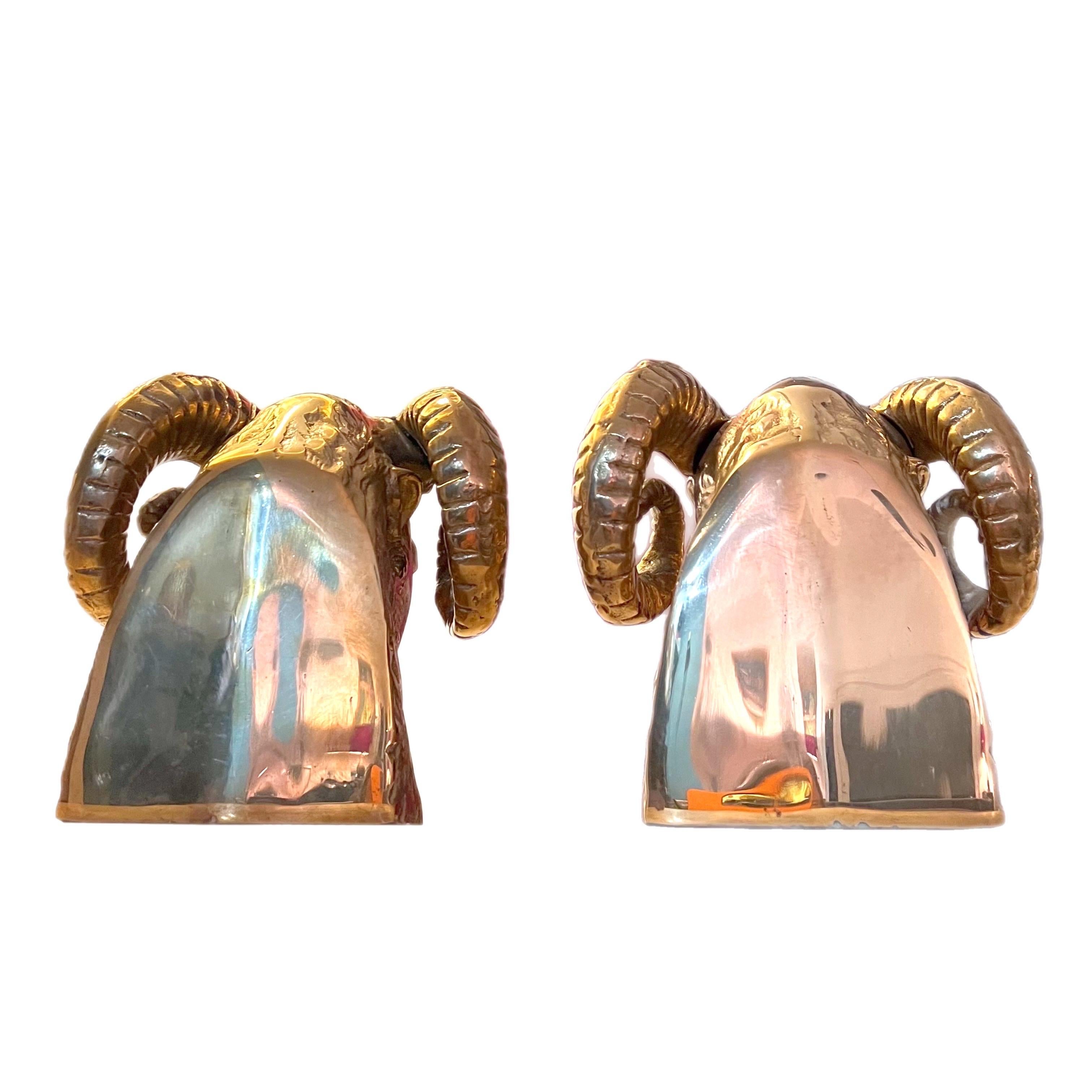 Vintage Brass Big Horn Ram Bookends, a Pair In Good Condition For Sale In Charleston, SC