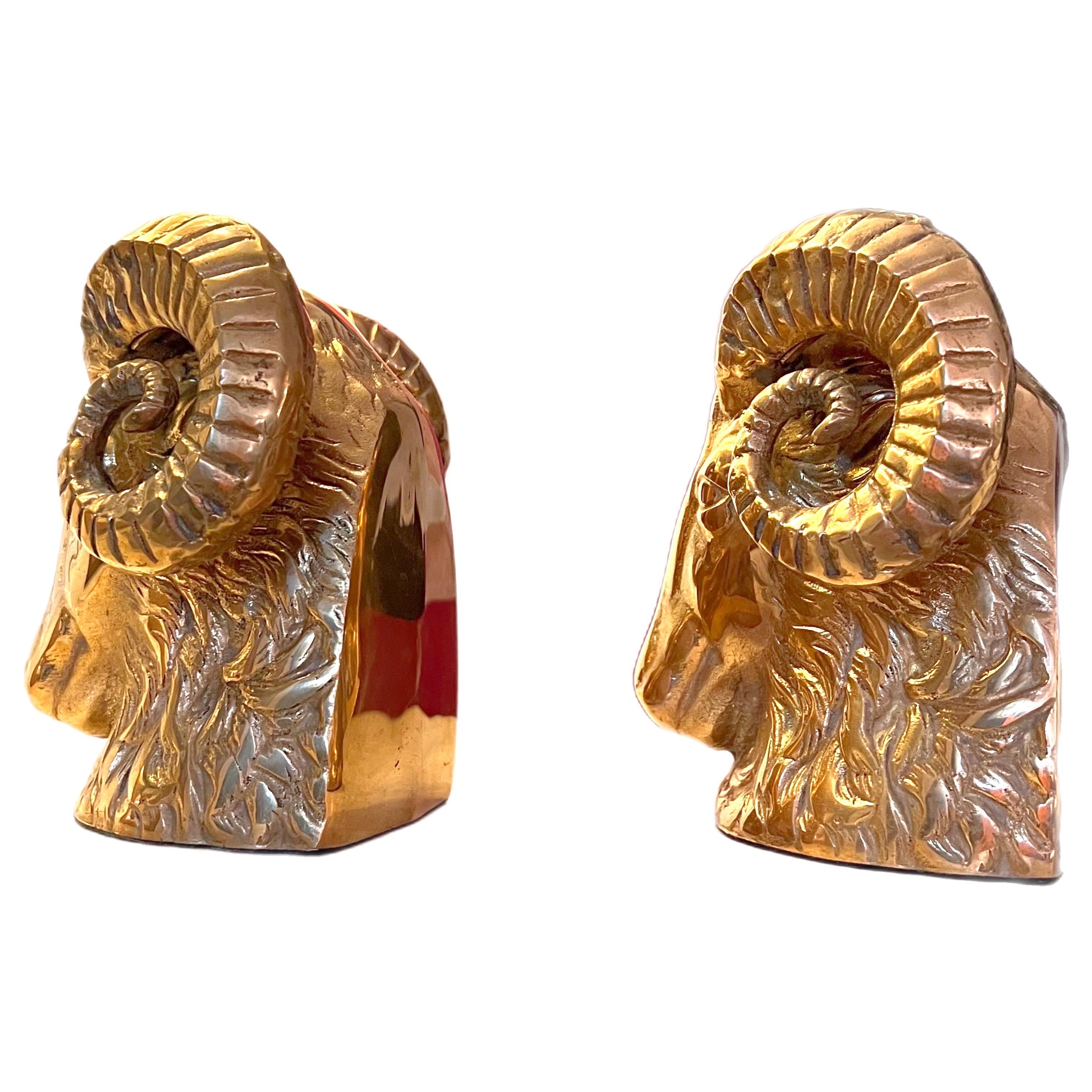 20th Century Vintage Brass Big Horn Ram Bookends, a Pair For Sale