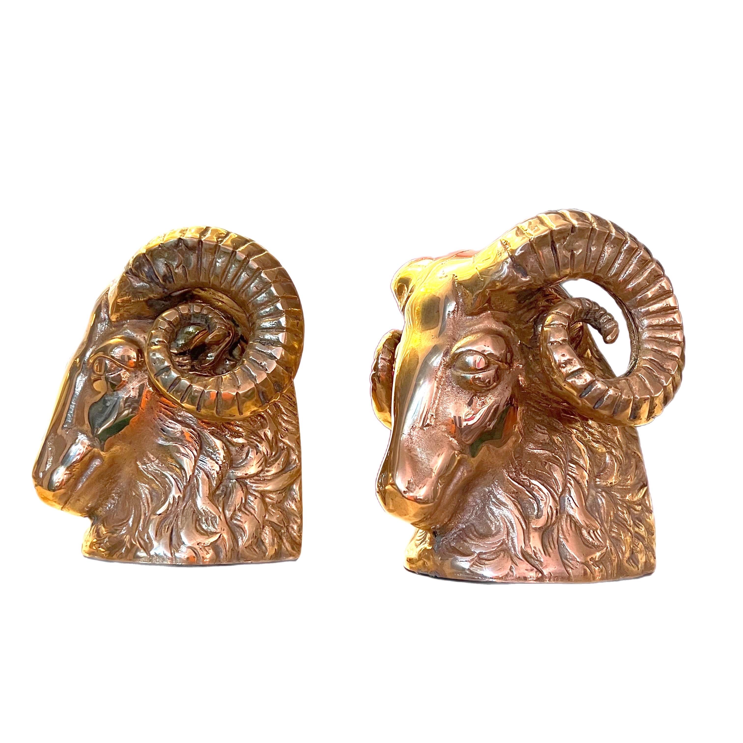 Vintage Brass Big Horn Ram Bookends, a Pair For Sale 1