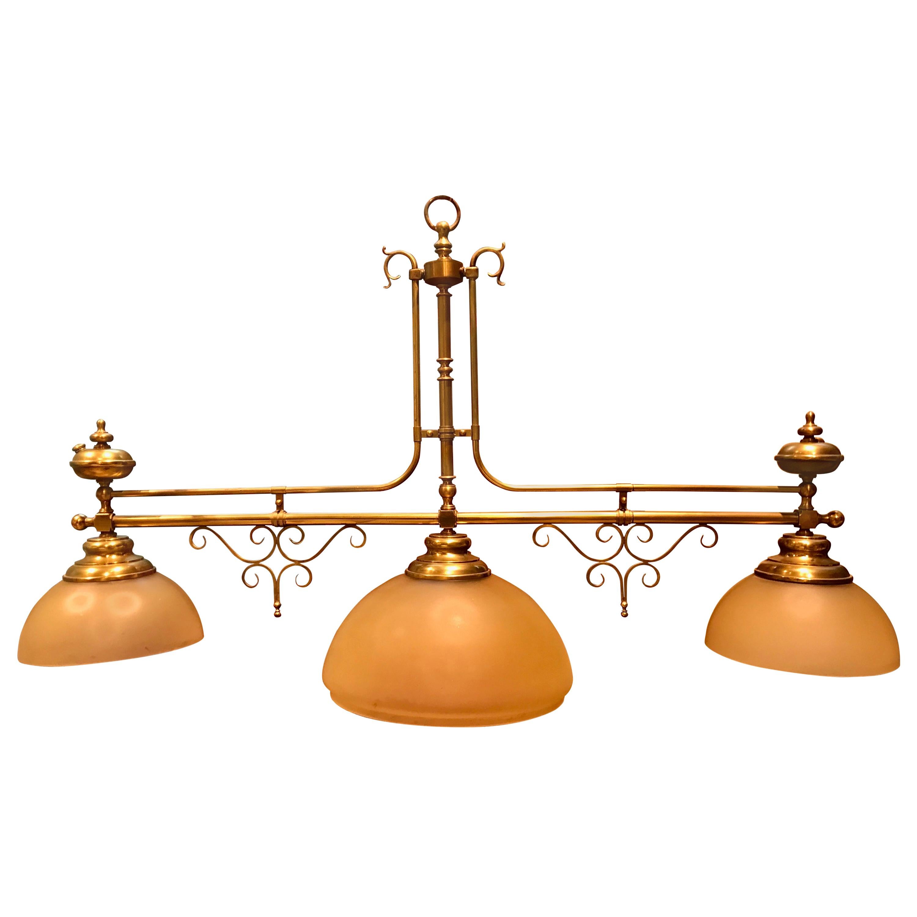 Vintage Brass Billiard Chandelier with Glass Shades For Sale