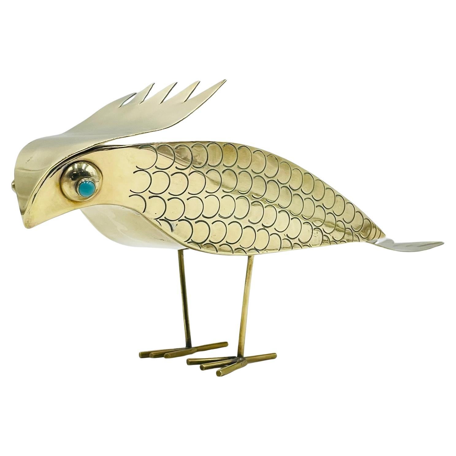 Vintage Brass Bird Sculpture by Oswaldo Guayasamín, Signed, Latin American Art