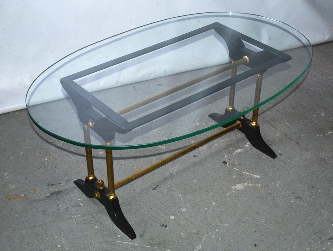 Hollywood Regency Vintage Brass, Black and Glass Coffee Table For Sale