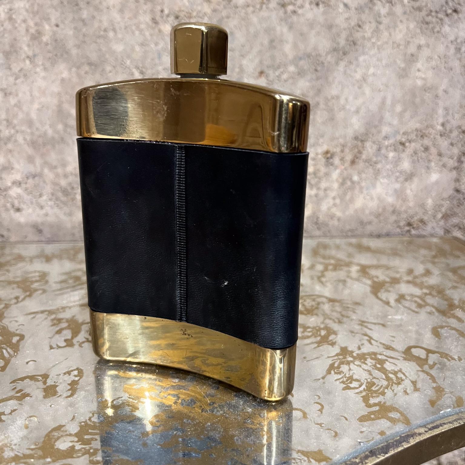20th Century 1960s Brass Black Leather Hip Flask Spain For Sale