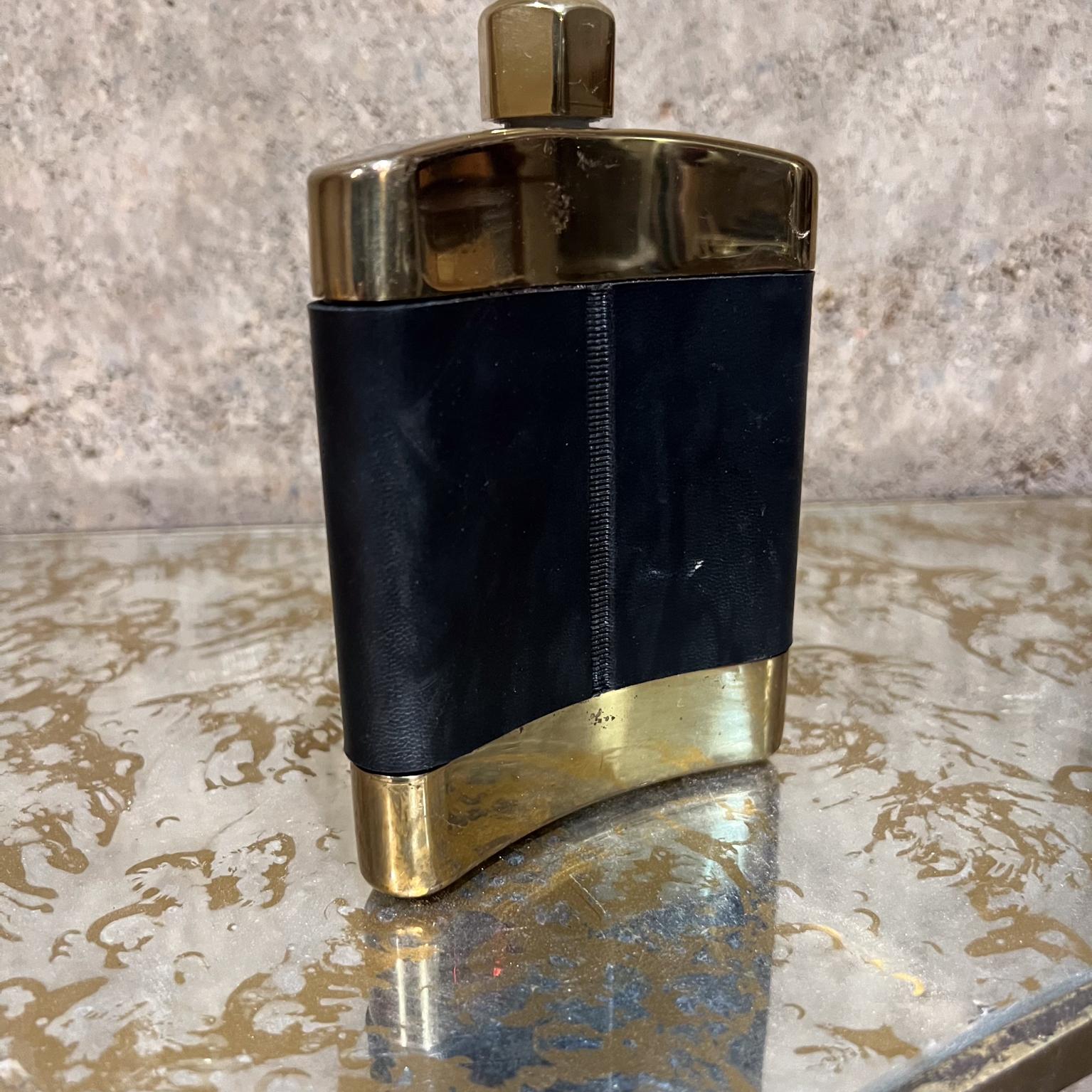 Metal 1960s Brass Black Leather Hip Flask Spain For Sale