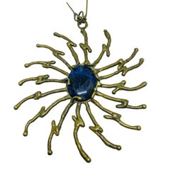 Vintage brass blue stone artisan abstract modernist designer pendant necklace
