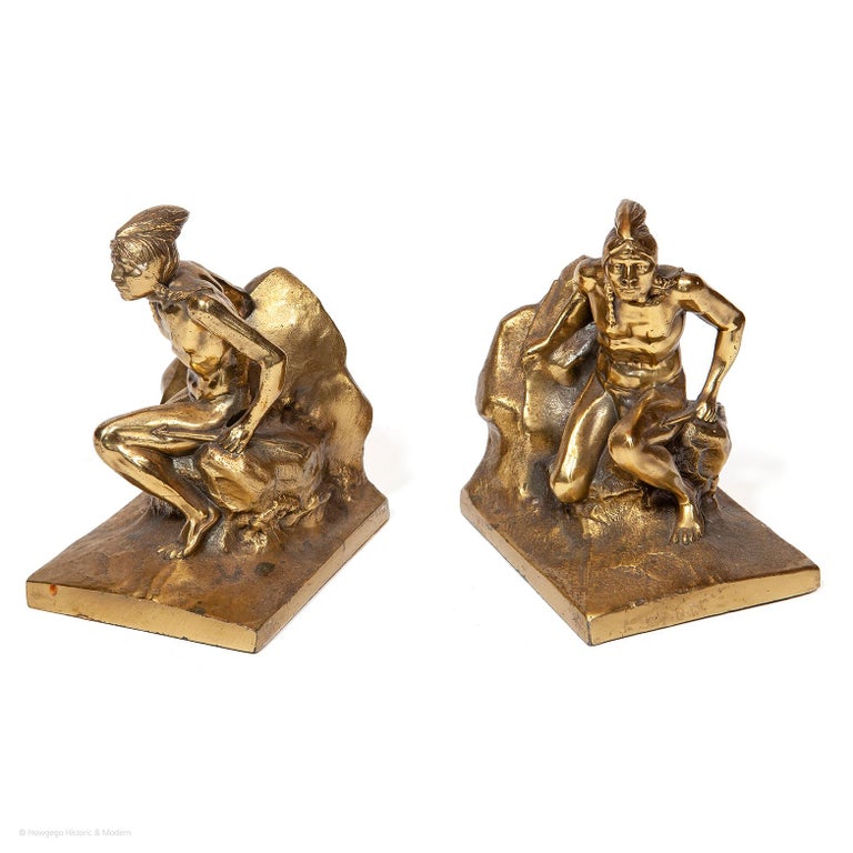 Vintage Brass Bookends Featuring Native American Brave In Good Condition For Sale In Eversholt, Bedfordshire