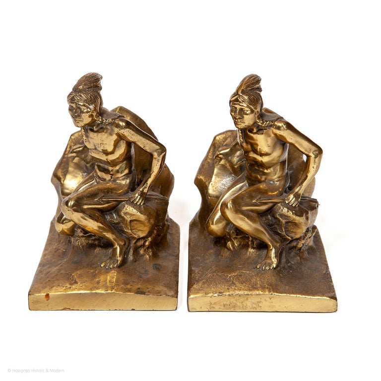 20th Century Vintage Brass Bookends Featuring Native American Brave For Sale
