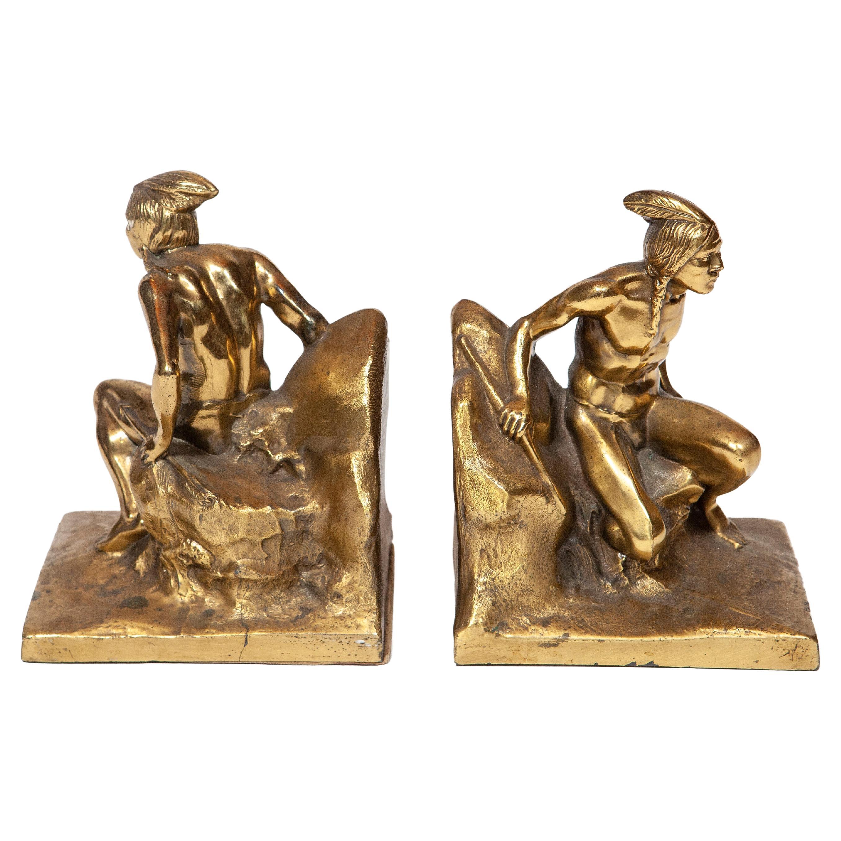 Vintage Brass Bookends Featuring Native American Brave For Sale