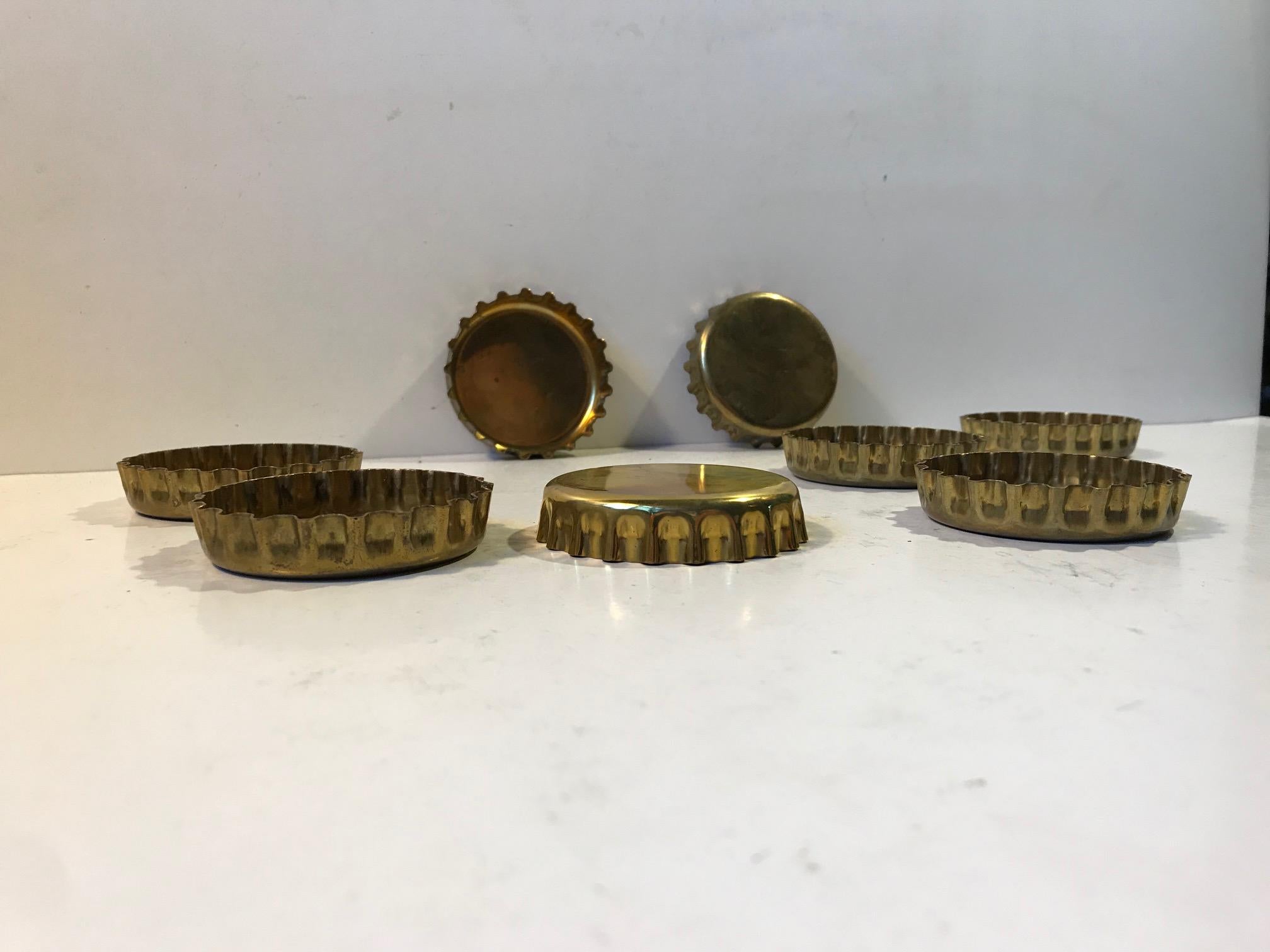 Mid-Century Modern Vintage Brass Bottle Cap Drink Coasters from Georg Jensen, 1980s, Set of 8