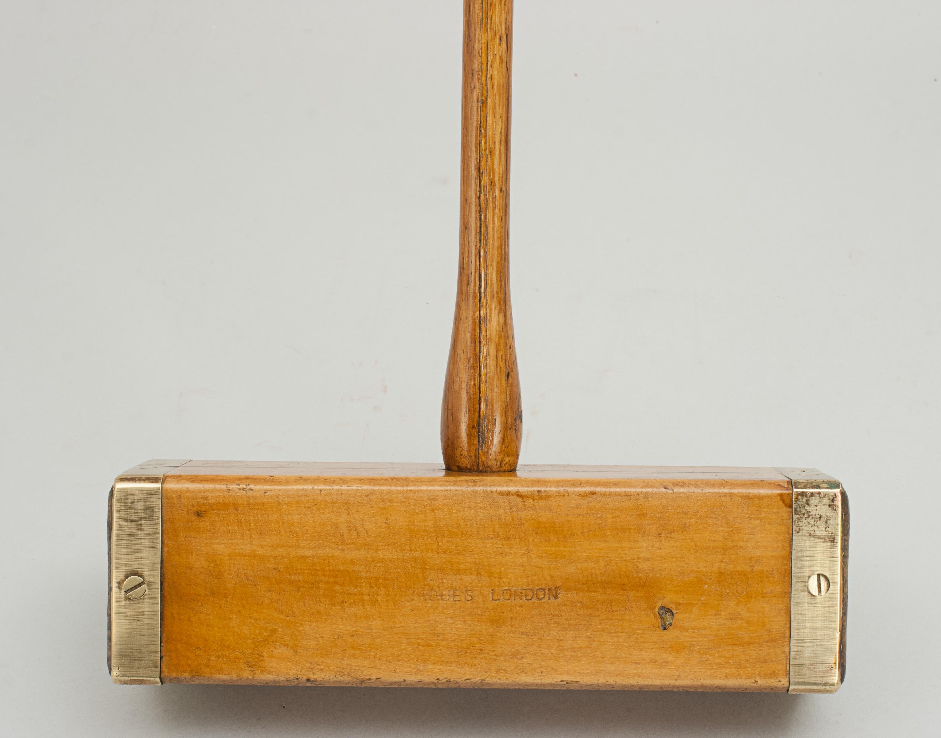 English Vintage Brass Bound Croquet Mallet by Jaques, Square, Boxwood Head