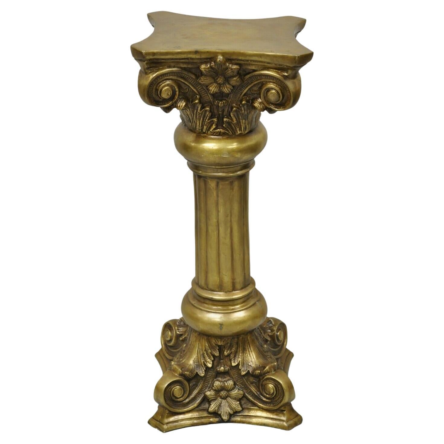 Vintage Brass Bronze Fluted Corinthian Column Classical Pedestal Plant Stand en vente