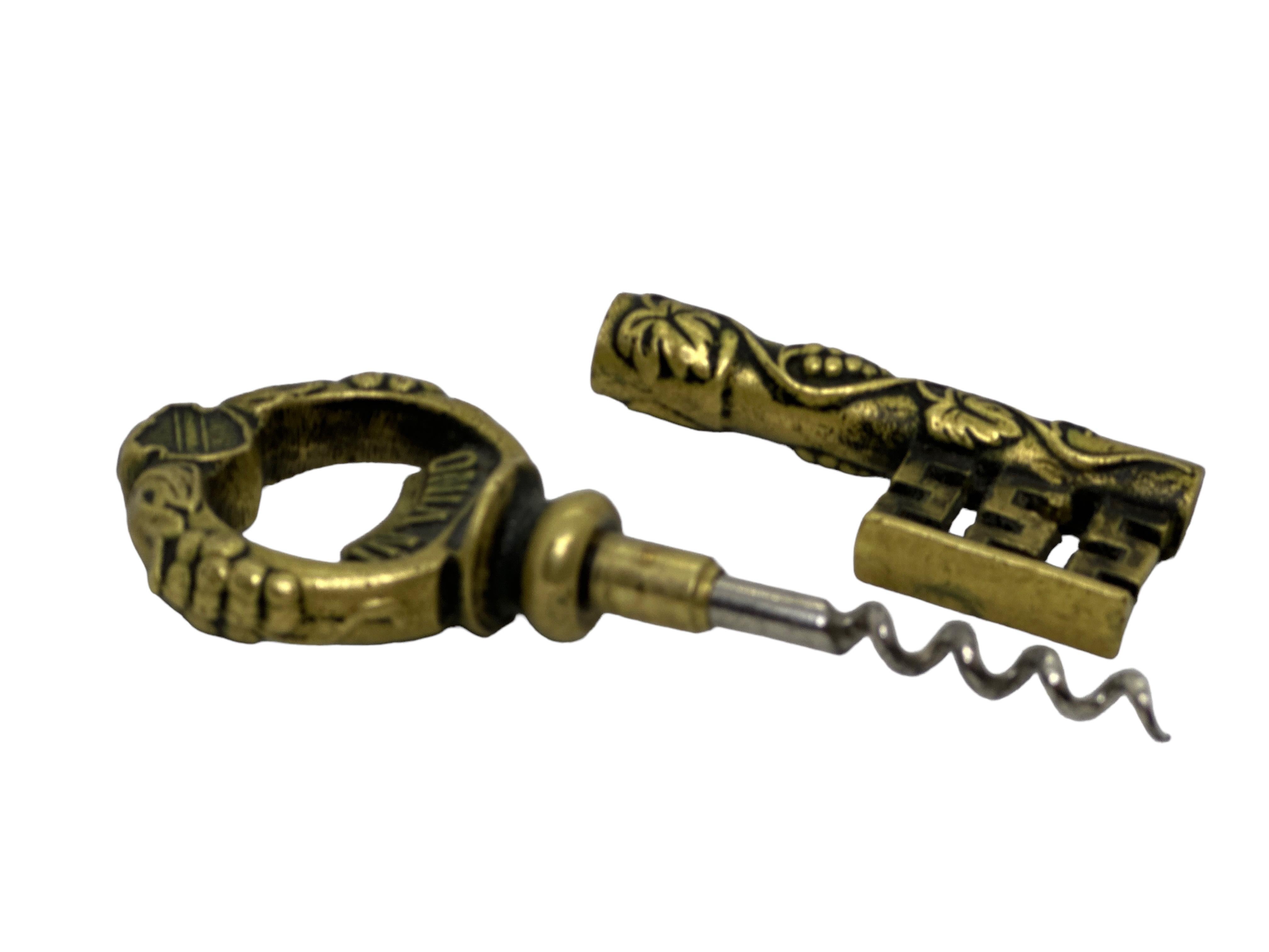 Mid-Century Modern Vintage Brass Bronze Key Corkscrew and Bottle Opener Metal Breweriana Barware