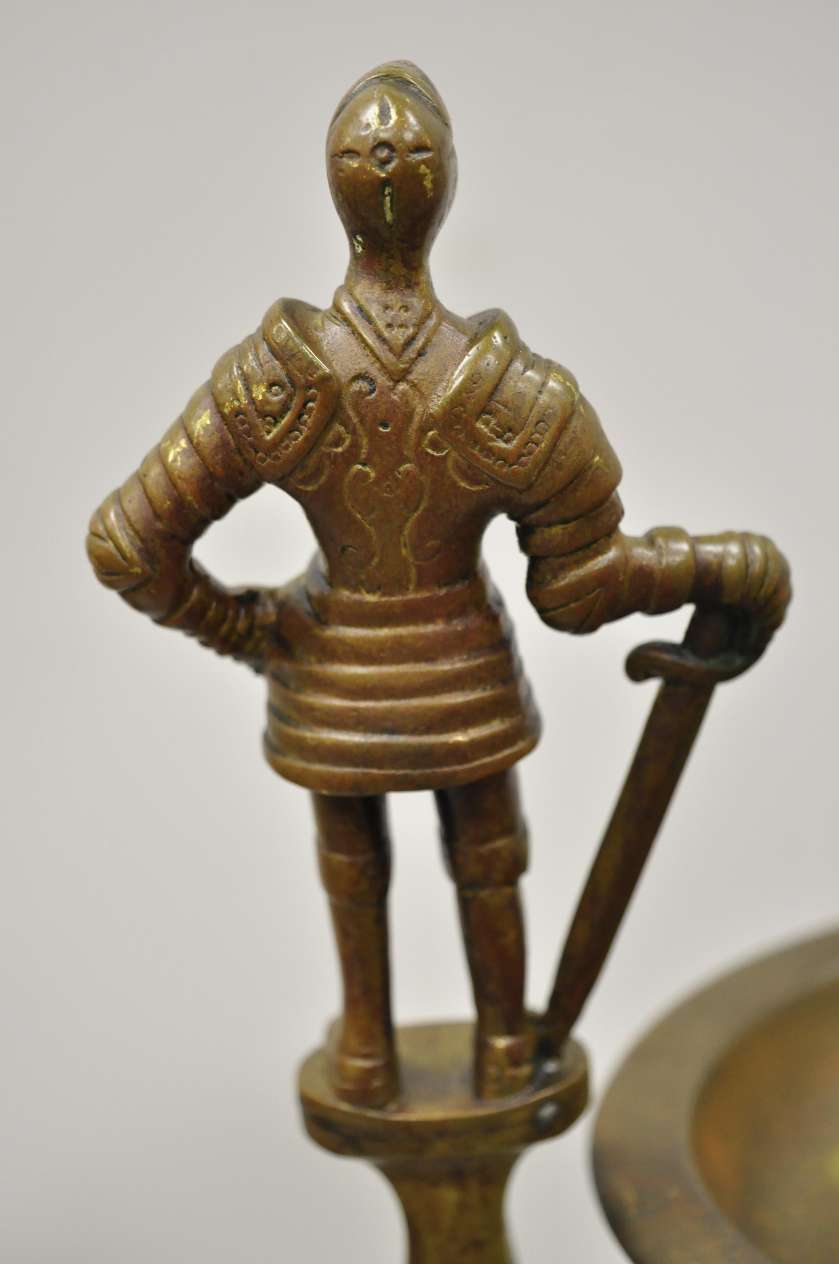 Gothic Vintage Brass Bronze Medieval Knight Figural Smoking Stand Ashtray Spiral Column