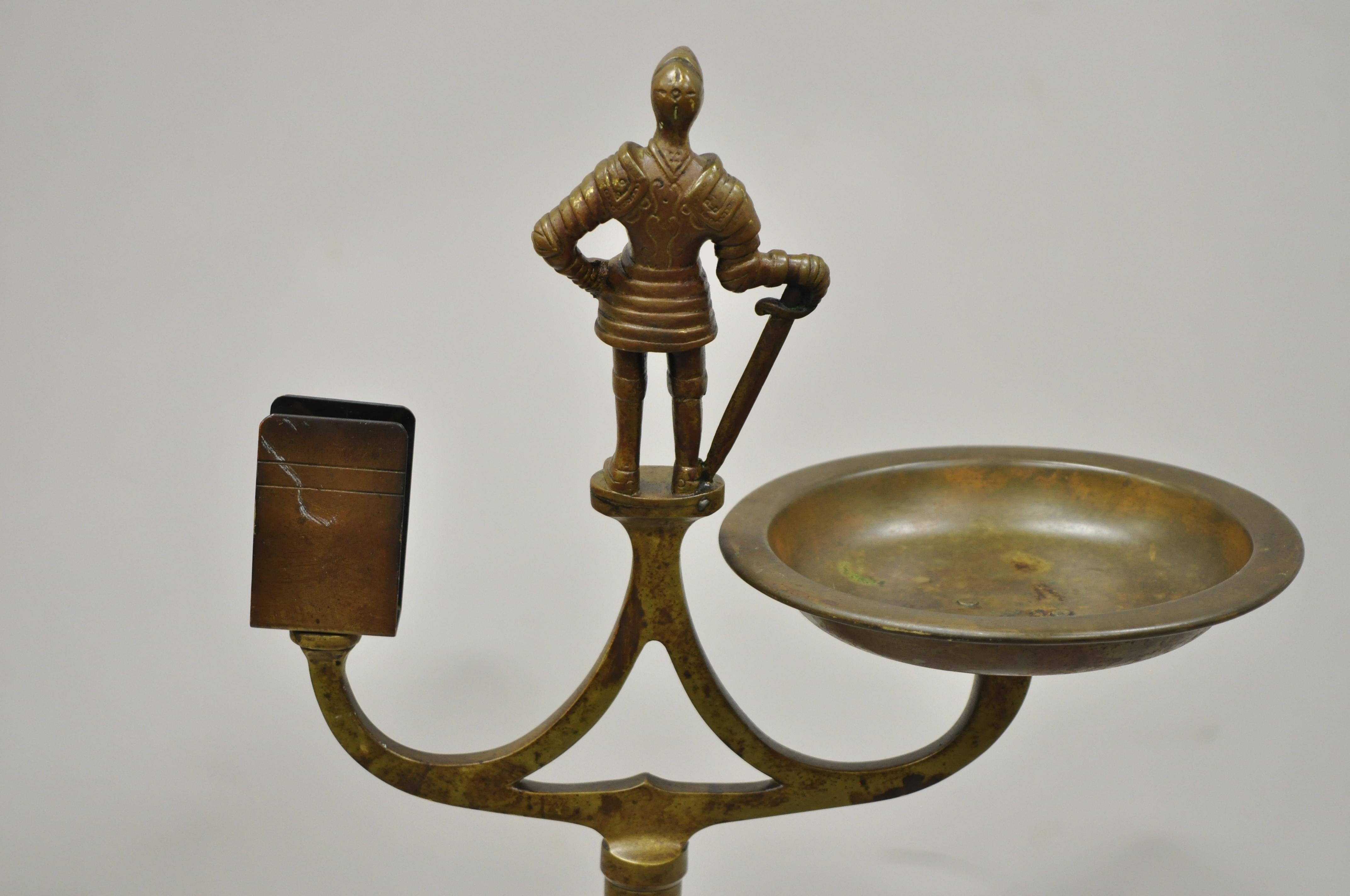 North American Vintage Brass Bronze Medieval Knight Figural Smoking Stand Ashtray Spiral Column