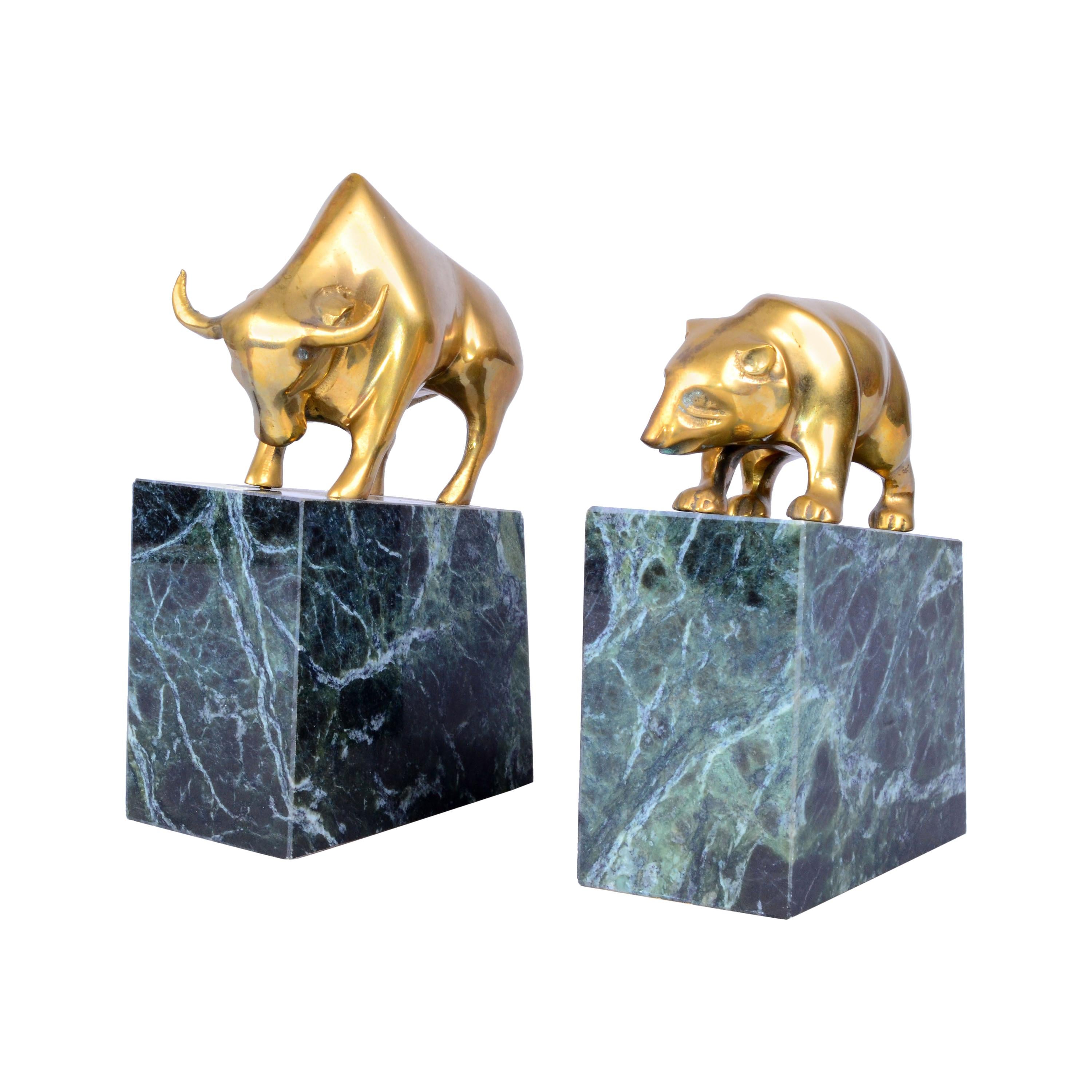 Vintage Brass Bull and Bear Bookends on Green Marble Base, a Pair