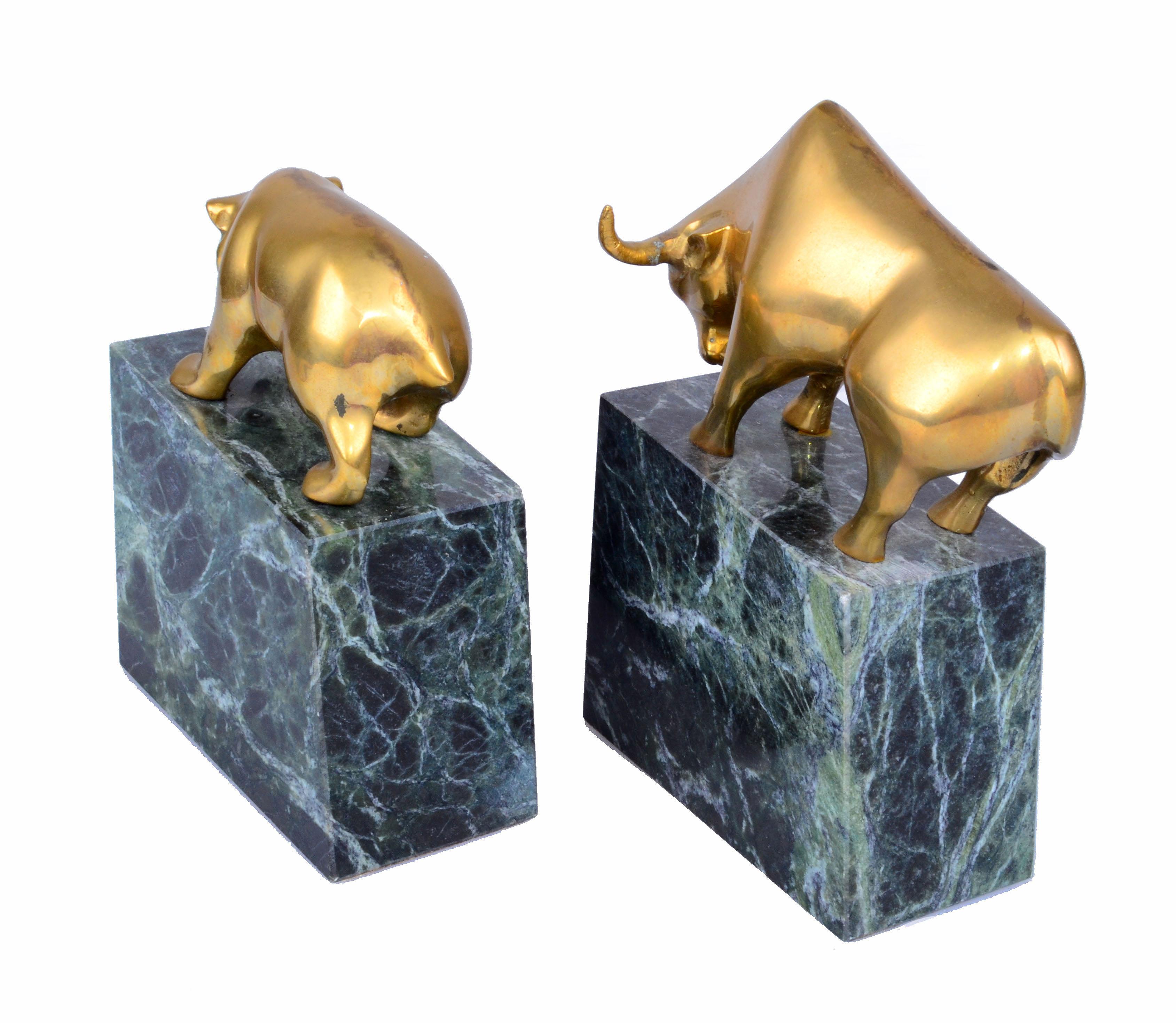 Vintage Brass Bull and Bear Bookends on Green Marble Base, a Pair 3