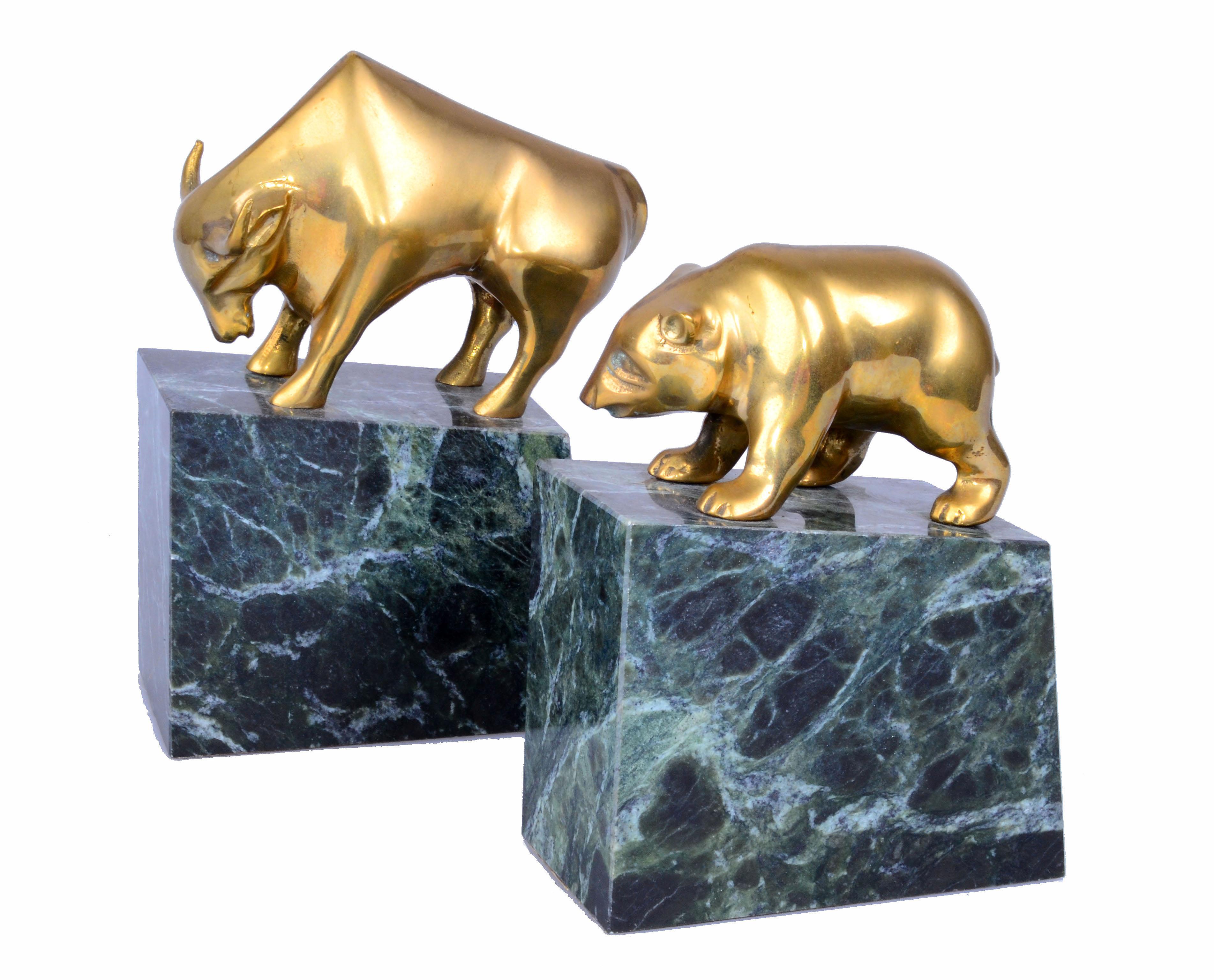Vintage Brass Bull and Bear Bookends on Green Marble Base, a Pair 4