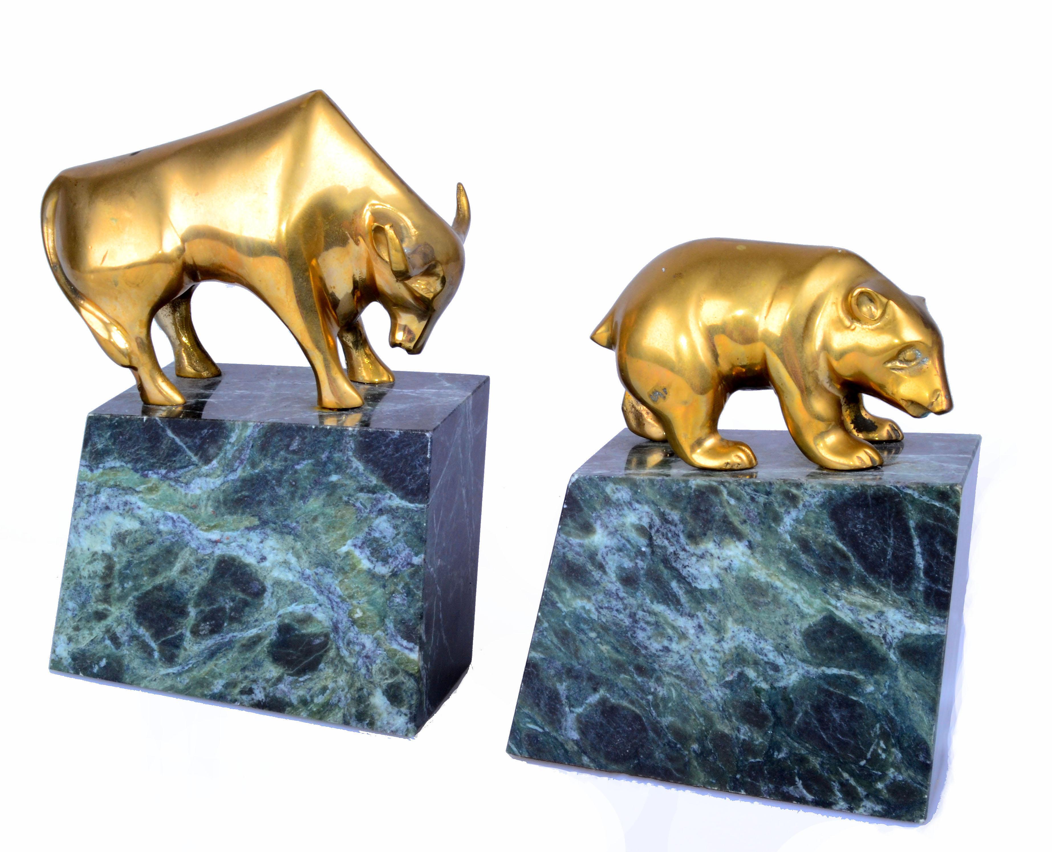 Mid-Century Modern Vintage Brass Bull and Bear Bookends on Green Marble Base, a Pair