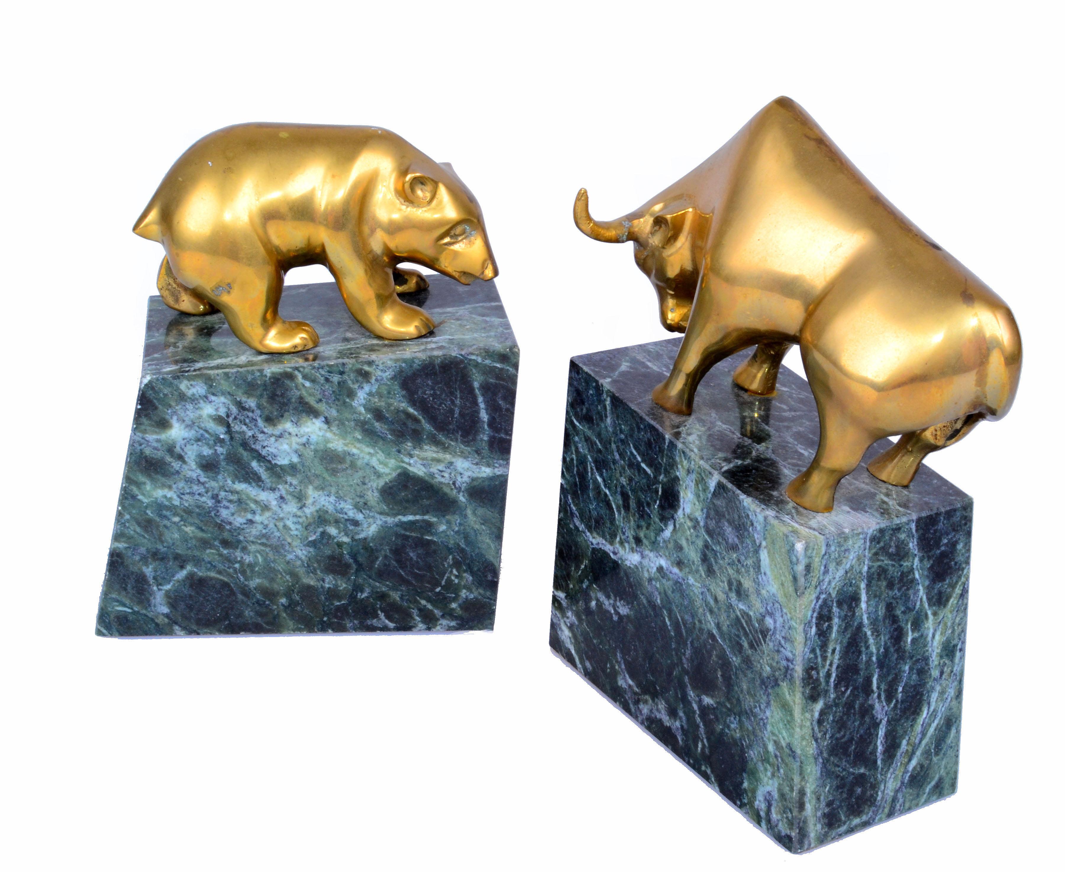 20th Century Vintage Brass Bull and Bear Bookends on Green Marble Base, a Pair