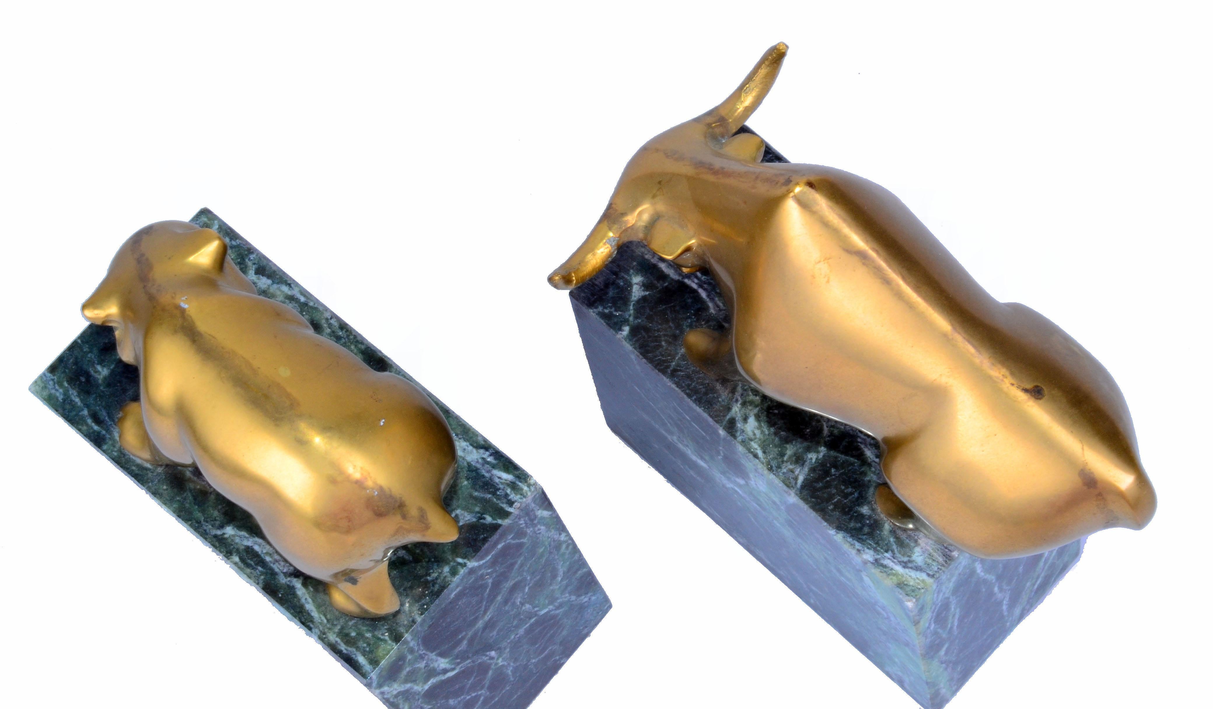 Vintage Brass Bull and Bear Bookends on Green Marble Base, a Pair 1
