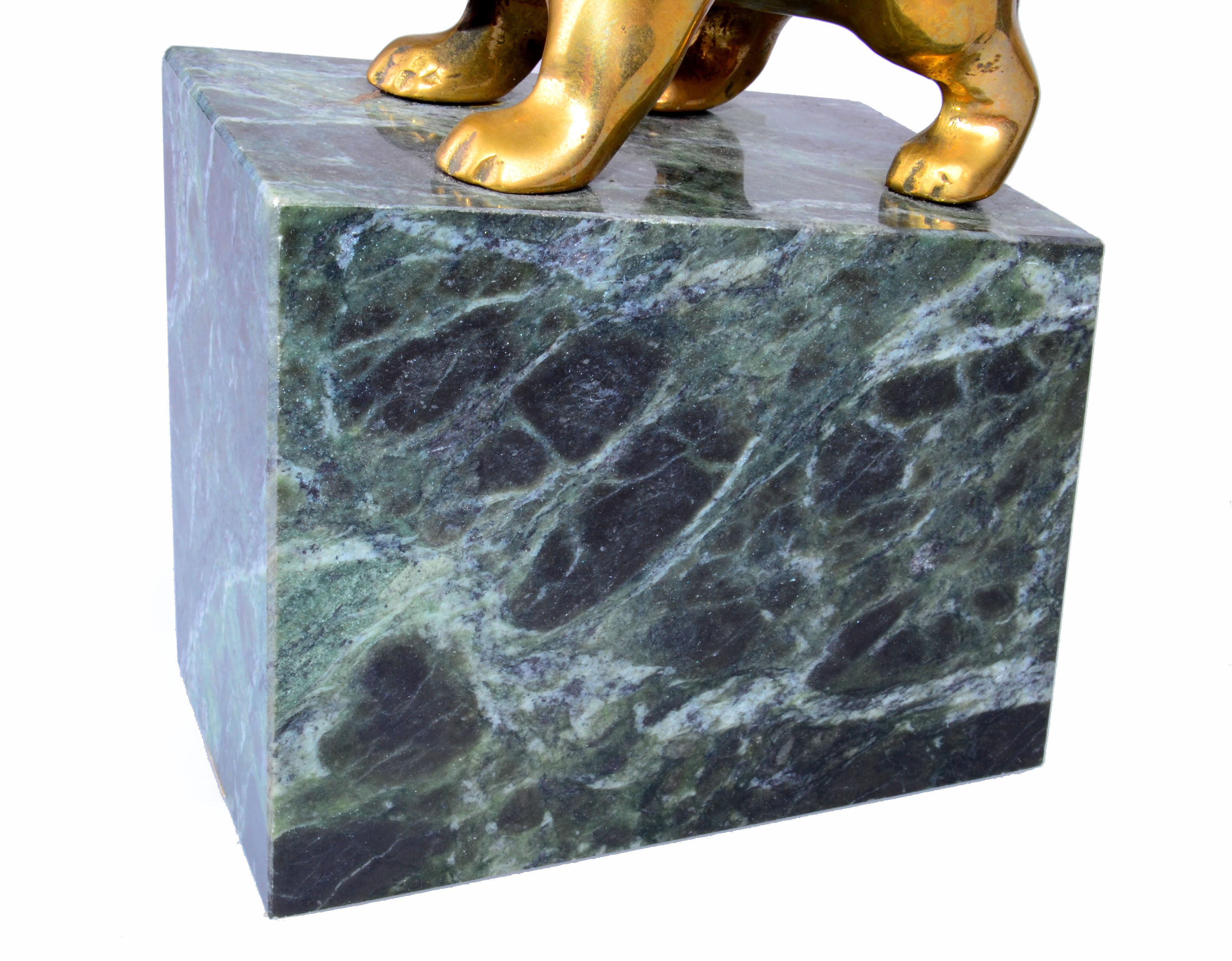 Vintage Brass Bull and Bear Bookends on Green Marble Base, a Pair 2
